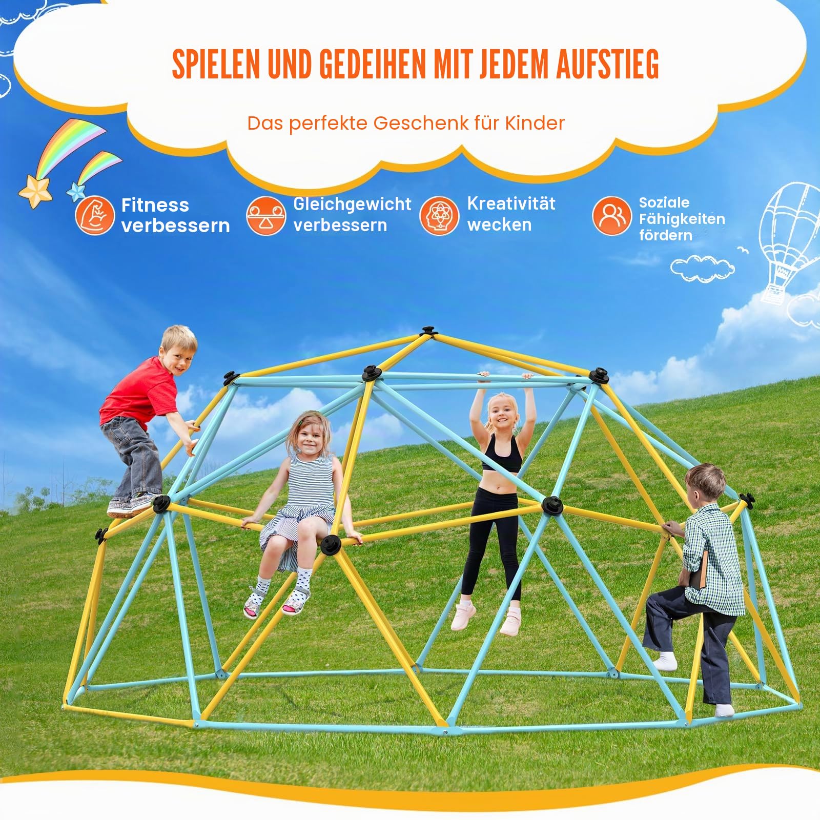 VEVOR Kletterkuppel, 3,05 m hohes geometrisches Kletterkuppel-Spielzentrum für Kinder von 3 bis 10 Jahren, Klettergerüst Tragfähigkeit 340 kg, mit Klettergriff, Spielgerät Garten Hinterhof