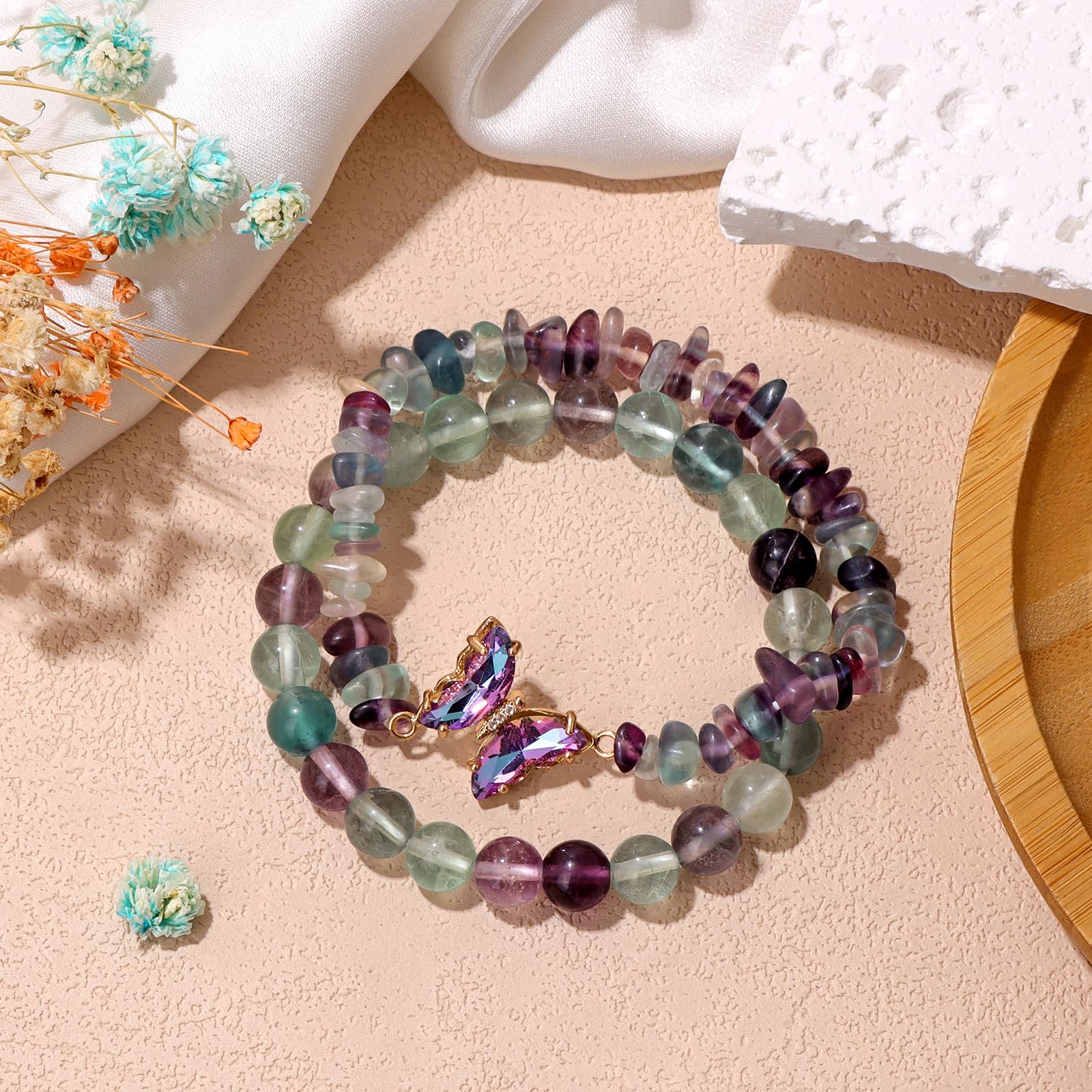 Braccialetto di Ametista per Donna, Braccialetti Anti-ansia con Perline di Ametista, ciondoli a Farfalla, Braccialetti a Strati di Pietre per Donna