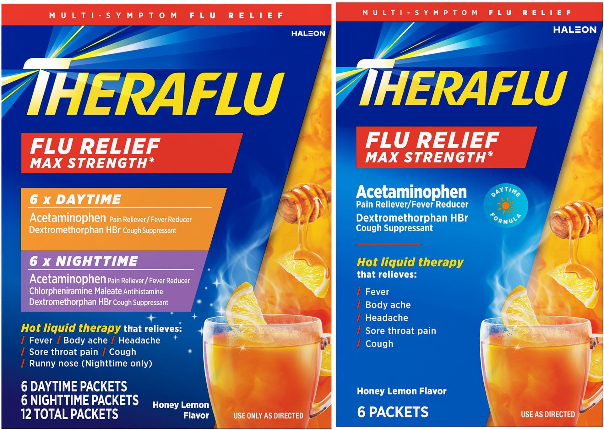 Theraflu Max Strength Daytime & Nighttime Flu Symptom Relief Honey Lemon Flavor Powder & Daytime Flu Symptom Relief Honey Lemon Powder, 6 Daytime + 6 Nighttime, & 6 Honey Lemon Flavor Powder Packets