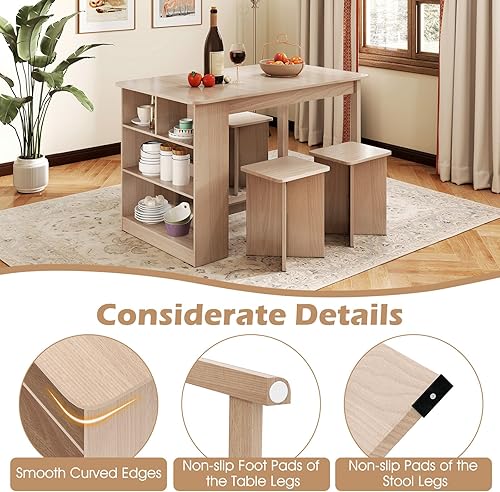 Miniatura 6 de Giantex Juego de mesa de comedor de 5 piezas para 4, juego de mesa de cocina con estante de almacenamiento lateral, 4 taburetes cuadrados, muebles