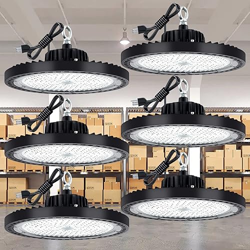 Miniatura 1 de EVBFORU Luz LED de alta bahía de 200 W, 6 paquetes de 29,000 lm con enchufe de EE. UU., luz de alta bahía UFO para almacén, taller, fábrica,