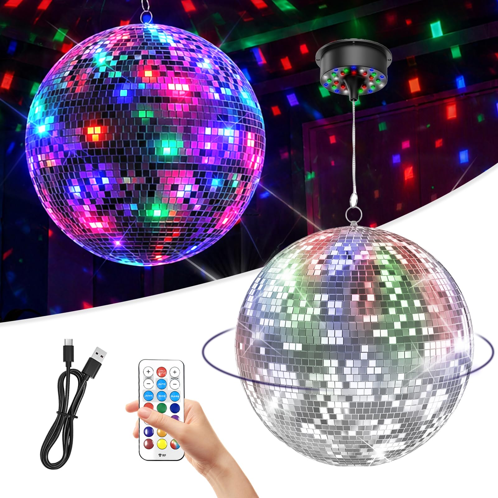 Bola de discoteca de 16 pulgadas con motor giratorio, 1-20 rpm