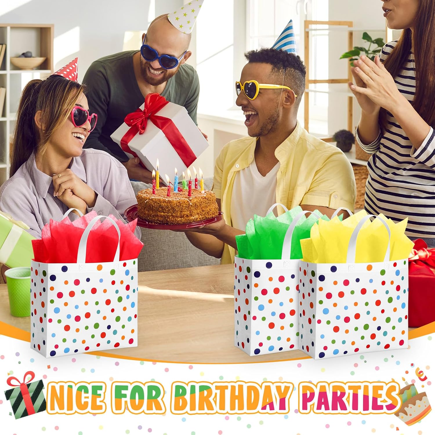 Wesnoy 20 Pack Rainbow Polka Dot Reusable Gift Bags 12" Large Birthday Party Favor Tote with Handle and Tissue Paper Non Woven Goodie Bags for Christmas Wedding Party Supplies