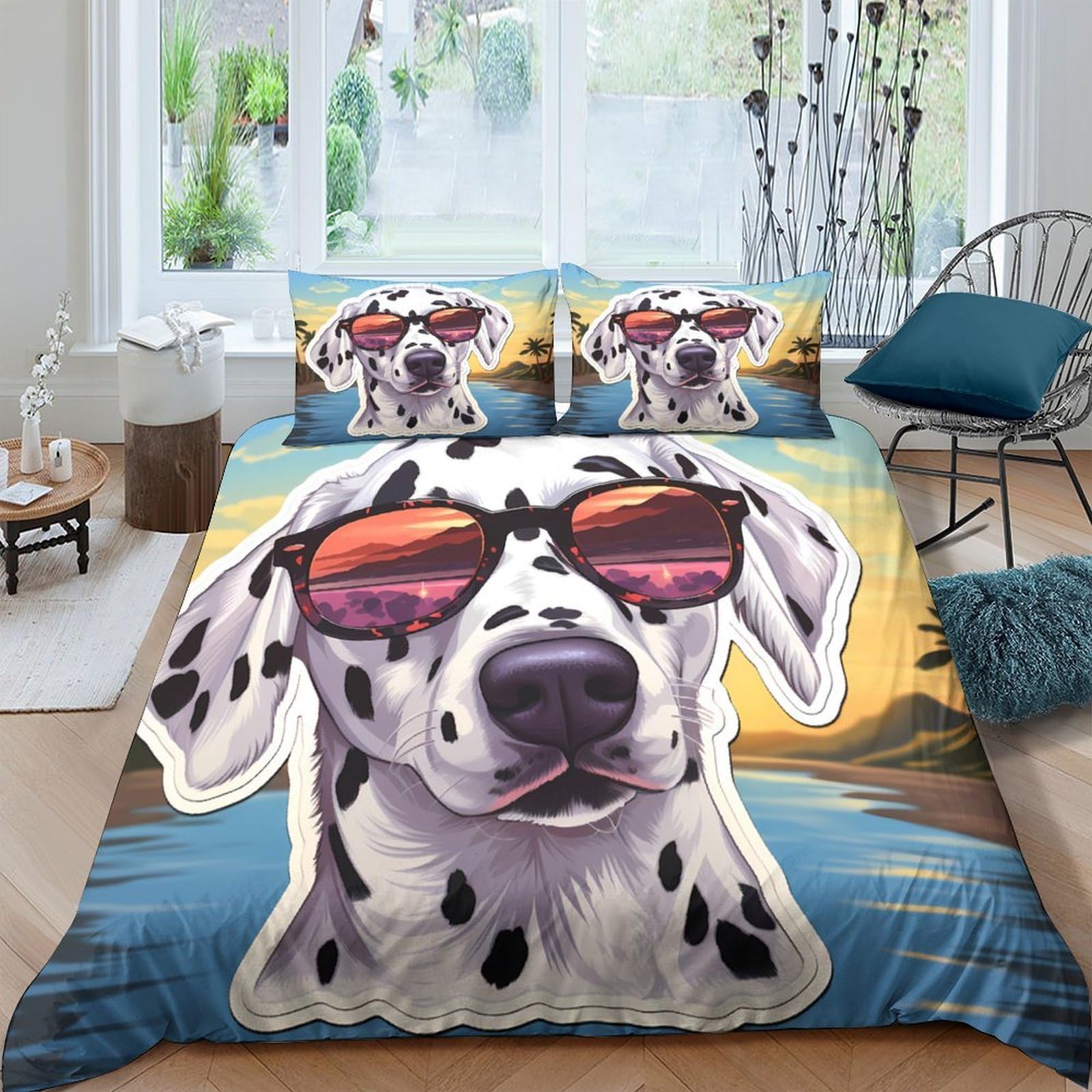 Ctjqhvkz Style-8 3D Printed Dalmatian Dog Sunglasses Fitted Sheet Microfiber Soft Bed Cover For Bedroom Guest Room Decor Single（135X200cm）