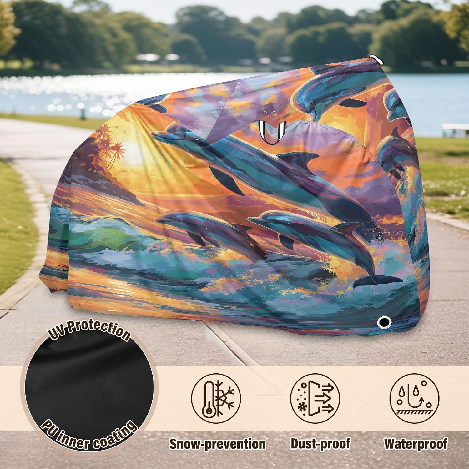 ALAZA Dolphins Sunset Sea Bike Cover Waterproof Outdoor Ebike Bicycle Covers Tarp Protection for 1/2 Bikes, Sun UV Dust Wind Proof