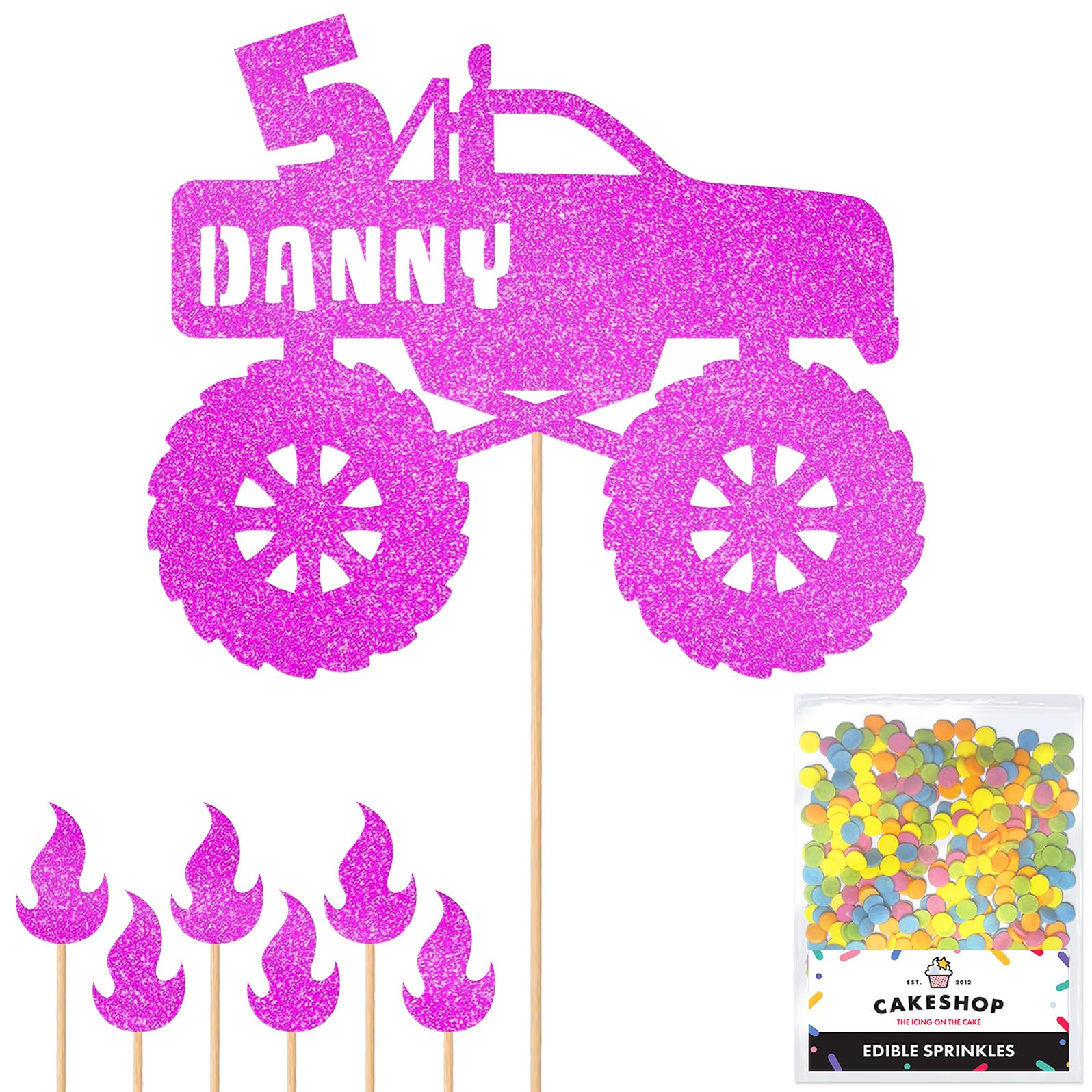 Personalised Monster Truck Glitter Cake Topper- Pink Any Custom Age & Name Glitter Cake Decoration and Sprinkles - Happy Birthday Decorations - Personalised Toppers for Cakes by Cakeshop — image 1