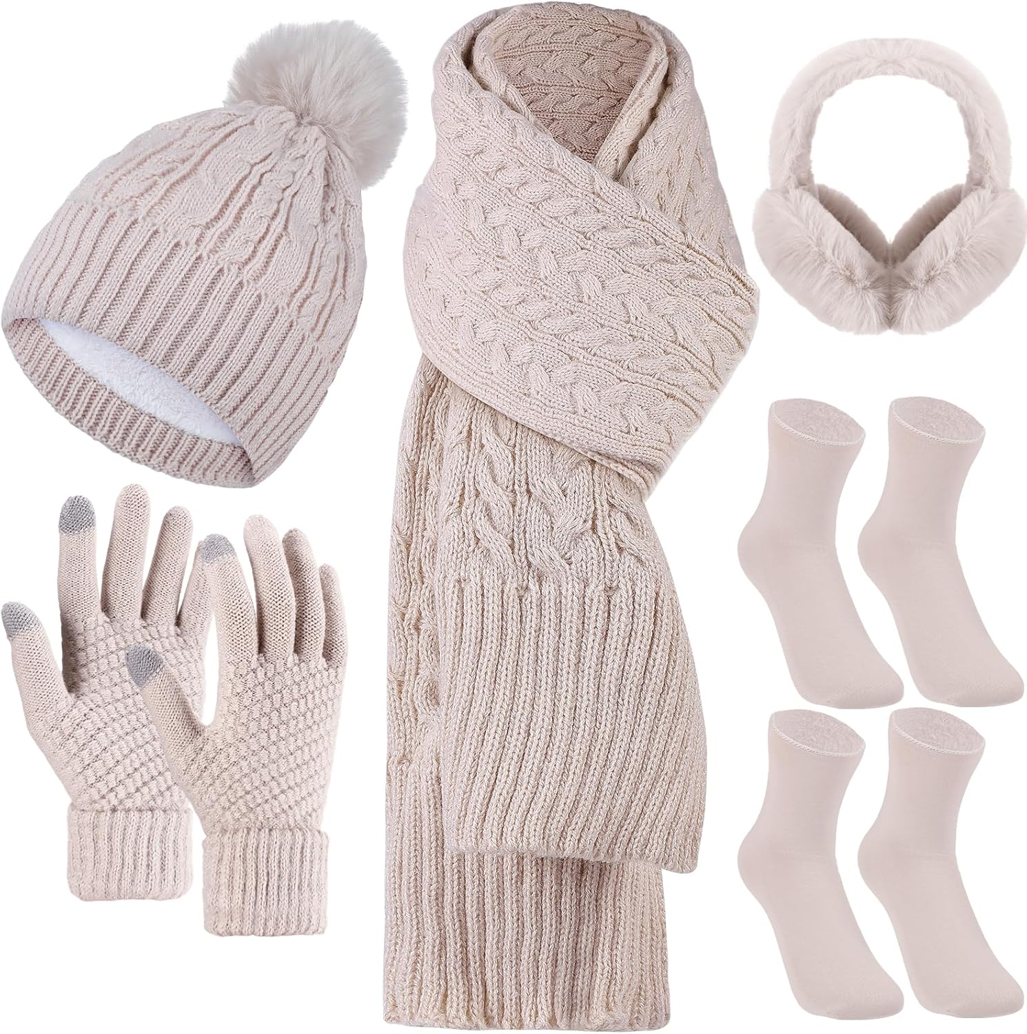 Geyoga 6 Pcs Winter Warm Set for Women Warm Beanies Hats Touchscreen Gloves Long Scarf Ear Muffs Socks Winter Gifts for Women