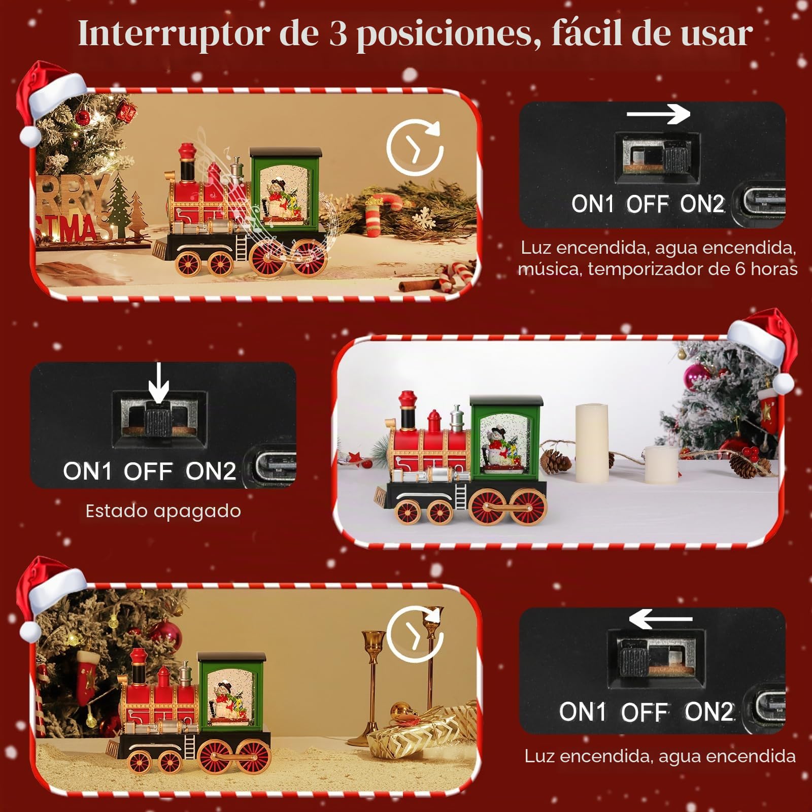 Lewondr Bola de Nieve Musical Navidad, Tren y Muñeco de Nieve Brillo Remolinoso Agua, Globo con Temporizador 6 Horas, Decoración para Navidad Hoildays Año Nuevo