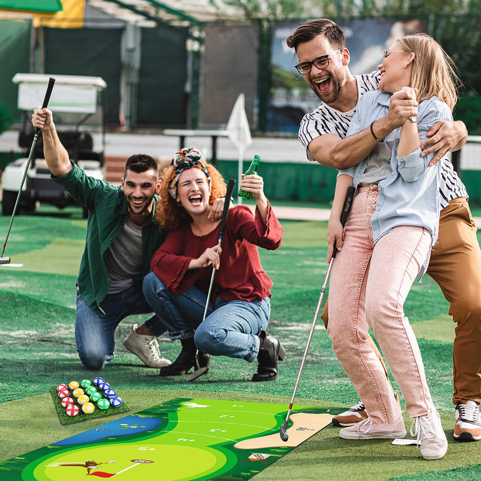 Mini Golf para el Hogar - Tapete de Entrenamiento 150 x 80 cm Con 16 Pelotas, Tablero de Puntuación y 2 Bolsas de Transporte - Juegos Casuales Battle Royale
