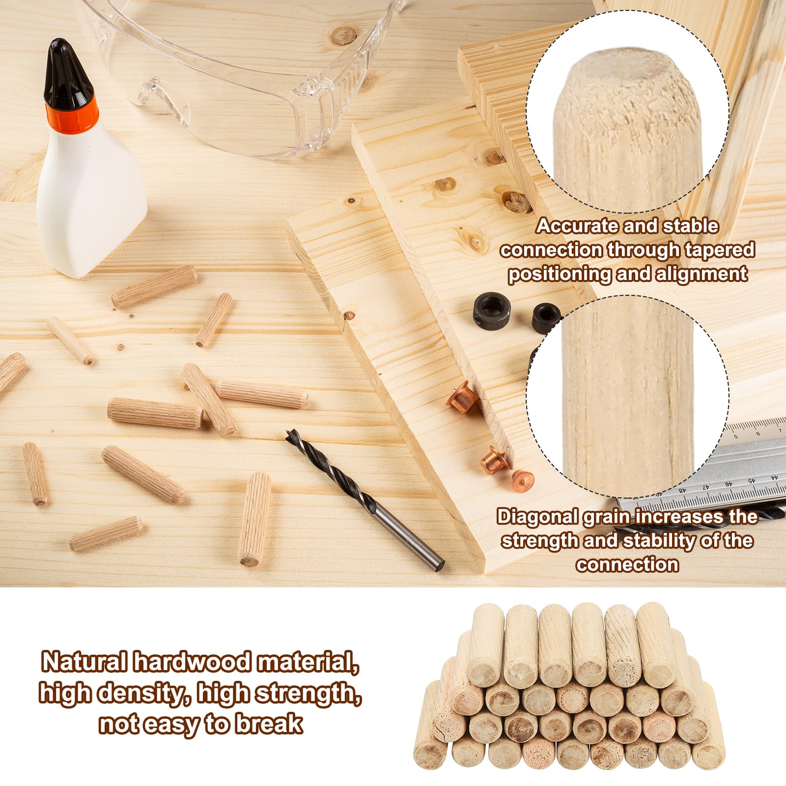 PATIKIL 1/4" x 4/5"(6 x 20mm) Perno Di Legno A Scanalature, 90 Pezzi Perni Di Legno Scanalati Con Estremità Smussate Per Mobili Porte Progetti Artistici Artigianali