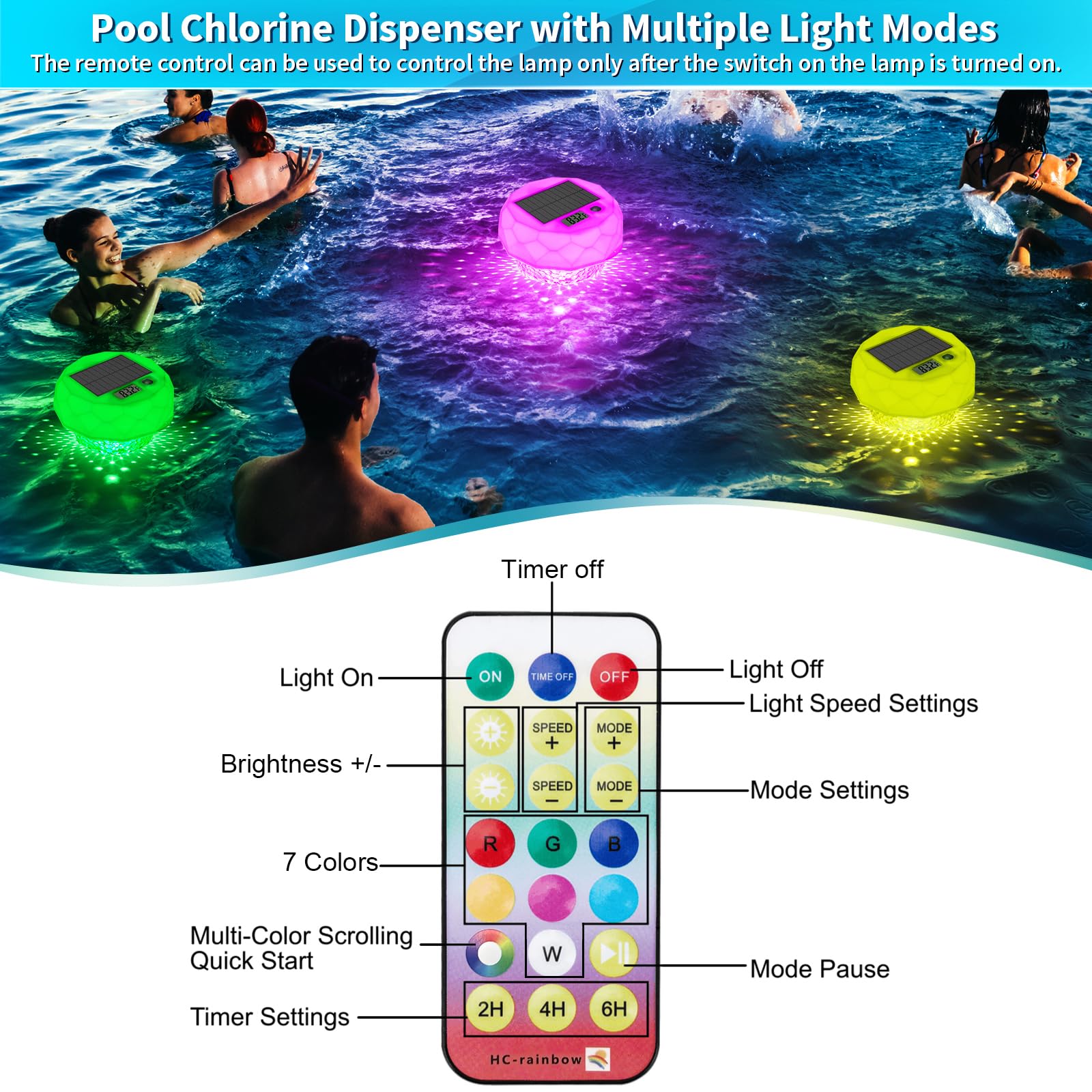 Qoolife Dosierschwimmer Pool mit Thermometer, Solarlicht LED 8 Farbmodi, Timer, wasserdichte, Pool Dosierer Chlorspender Pool Schwimmer mit Fernbedienung Einstellbar Faltbar Chlortabletten Dosierer