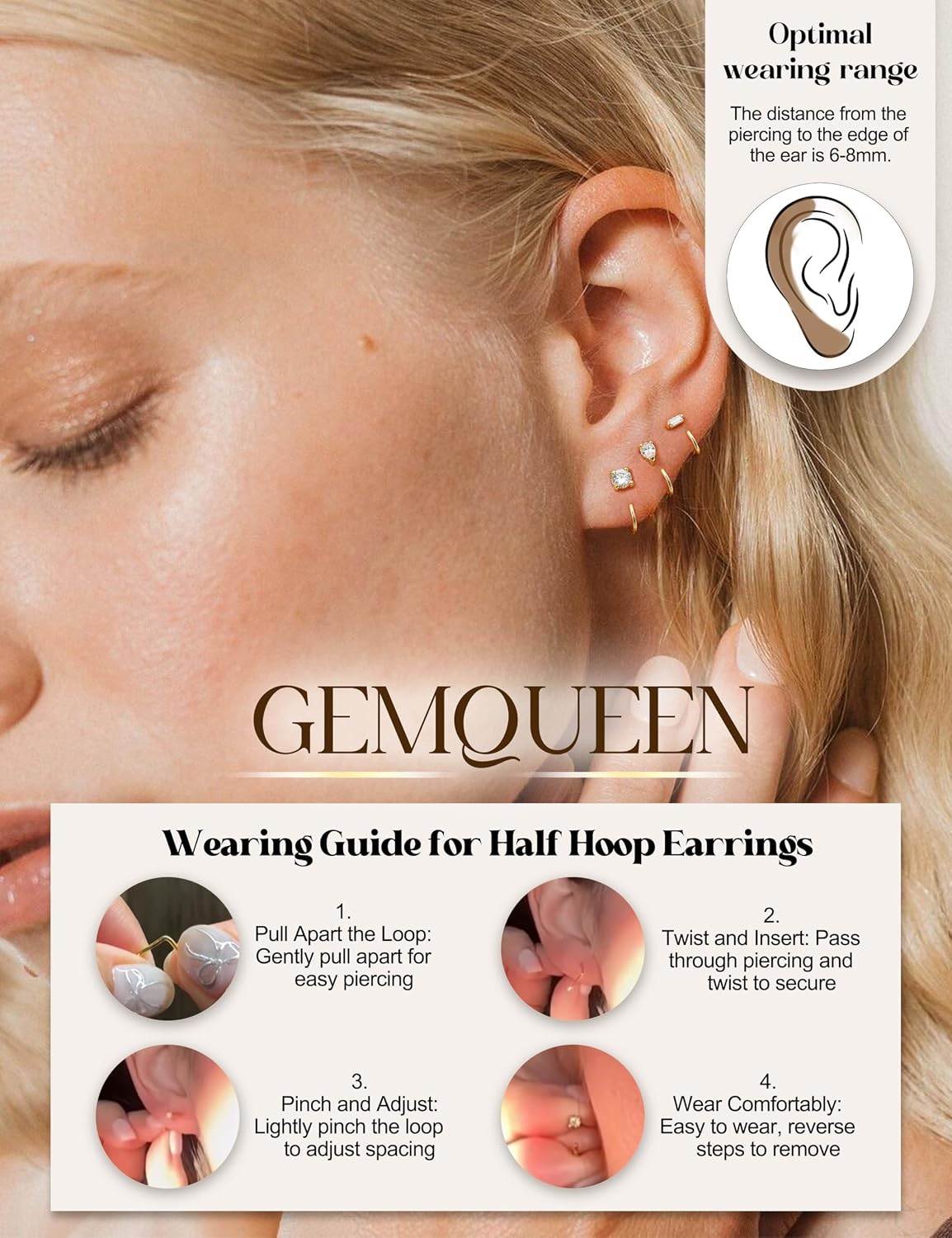 GEMQUEEN Moissanite 925 Sterling Silver Half Hoop Earrings for Women, Small Huggie Hoops Set Lightweight Comfort Fit Everyday & Sleep Earring No Back Open Huggie Earrings D Color VVS1 Moissanite