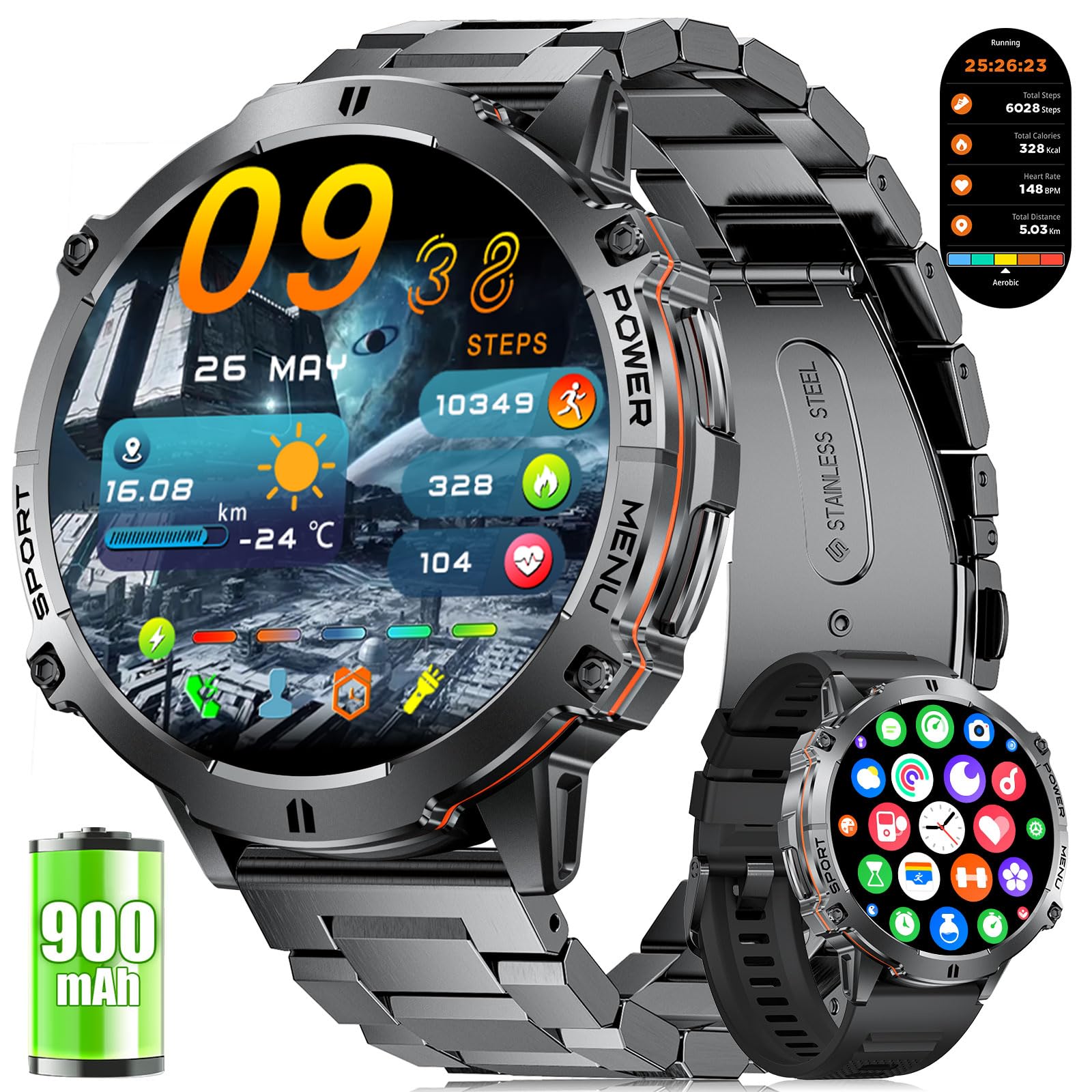 LIGE Orologio Smartwatch Uomo con 900mAh, 1,73” AMOLED Grande Schermo Smart Watch Militare con Bussola Barometro, 110+ Modalità Sportive, Impermeabile IP68, Cardiofrequenzimetro/SpO2 per Android iOS