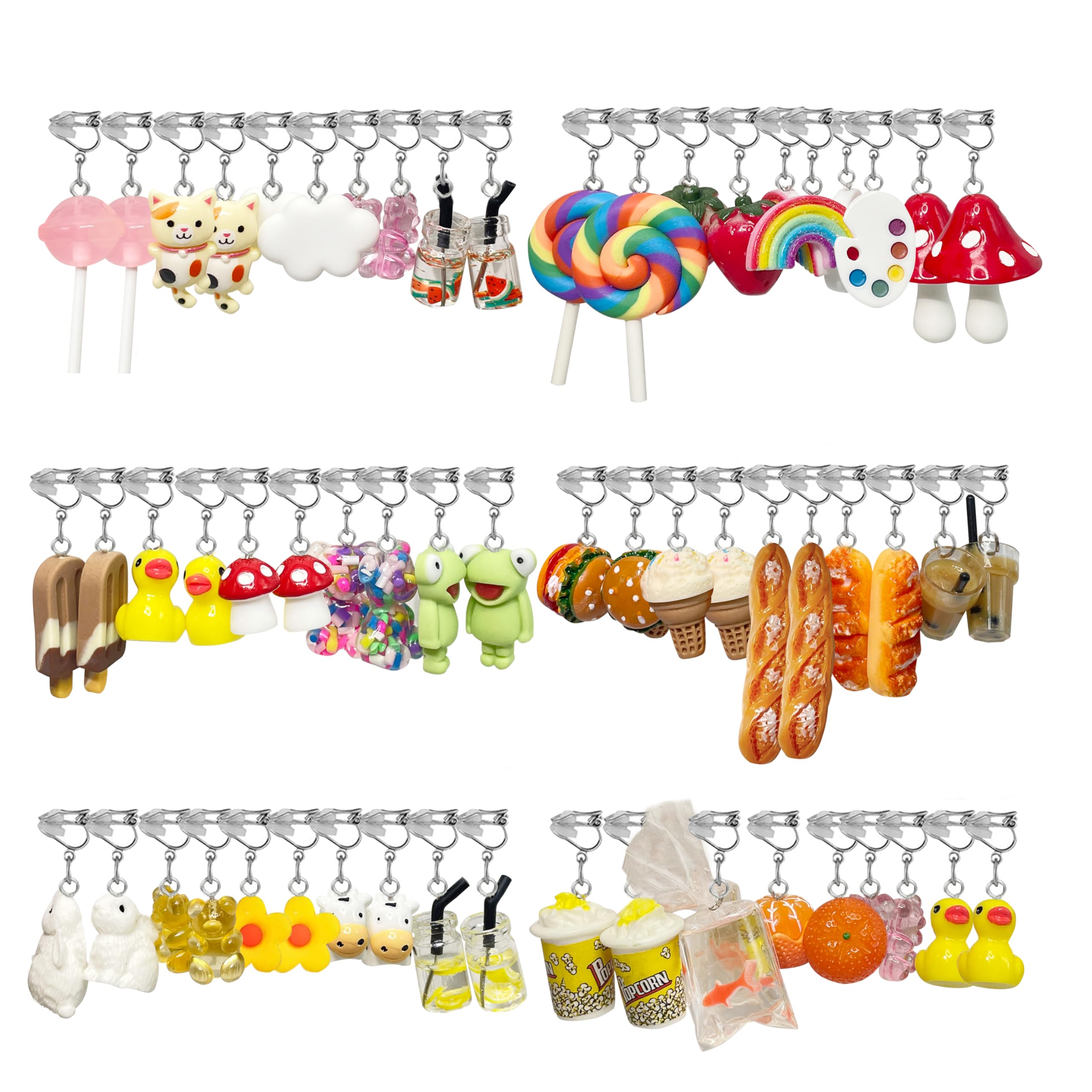 EIELO 30 Pairs Weird Cute Funny Earrings Gummy Bear Duck (Clip On) Drop Dangle Earrings for Women Aesthetic Earrings Food Animal Earrings Set