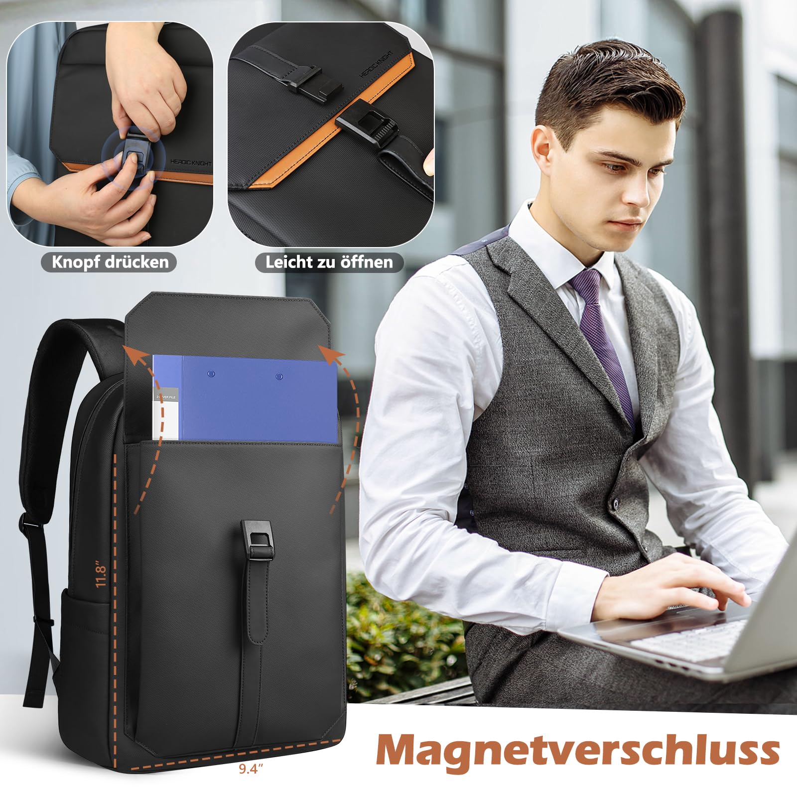 hk Business Rucksack Herren Damen Slim Laptop Rucksack 15,6 Zoll | Wasserabweisender mit Magnetverschluss, Tagesrucksack für Arbeit, Uni, Alltag und Reise – Schwarz