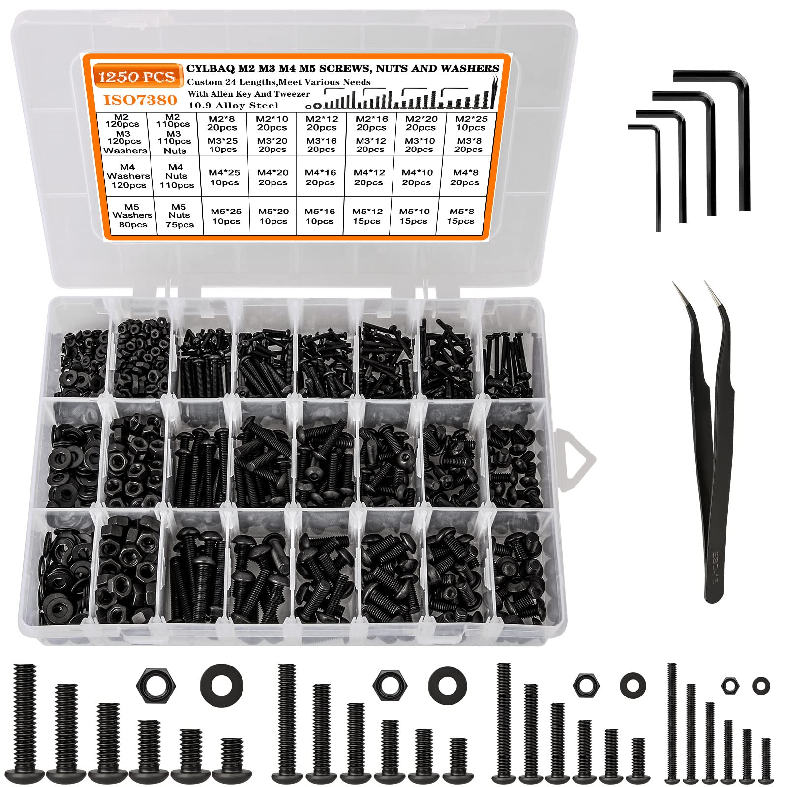 CYLBAQ 1255Pcs M2 M3 M4 M5 Hex Button Head Cap Screws Nuts and Bolts Set, Upgraded Black Zinc Plated 10.9 Alloy Steel Nuts and Bolts Assortment Kit, Metric Machine Screws 8/10/12/16/20/25mm