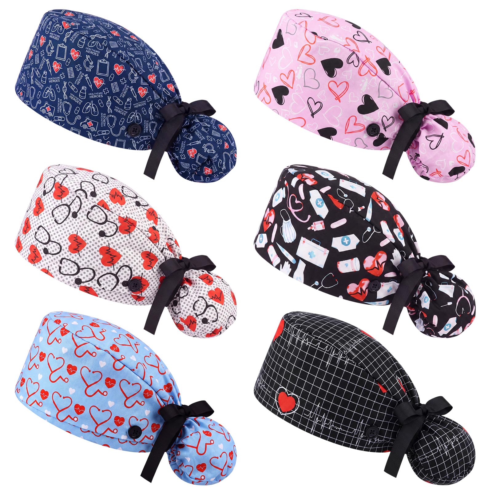 Honoson 6 Pcs Scrub Caps Women with Buttons