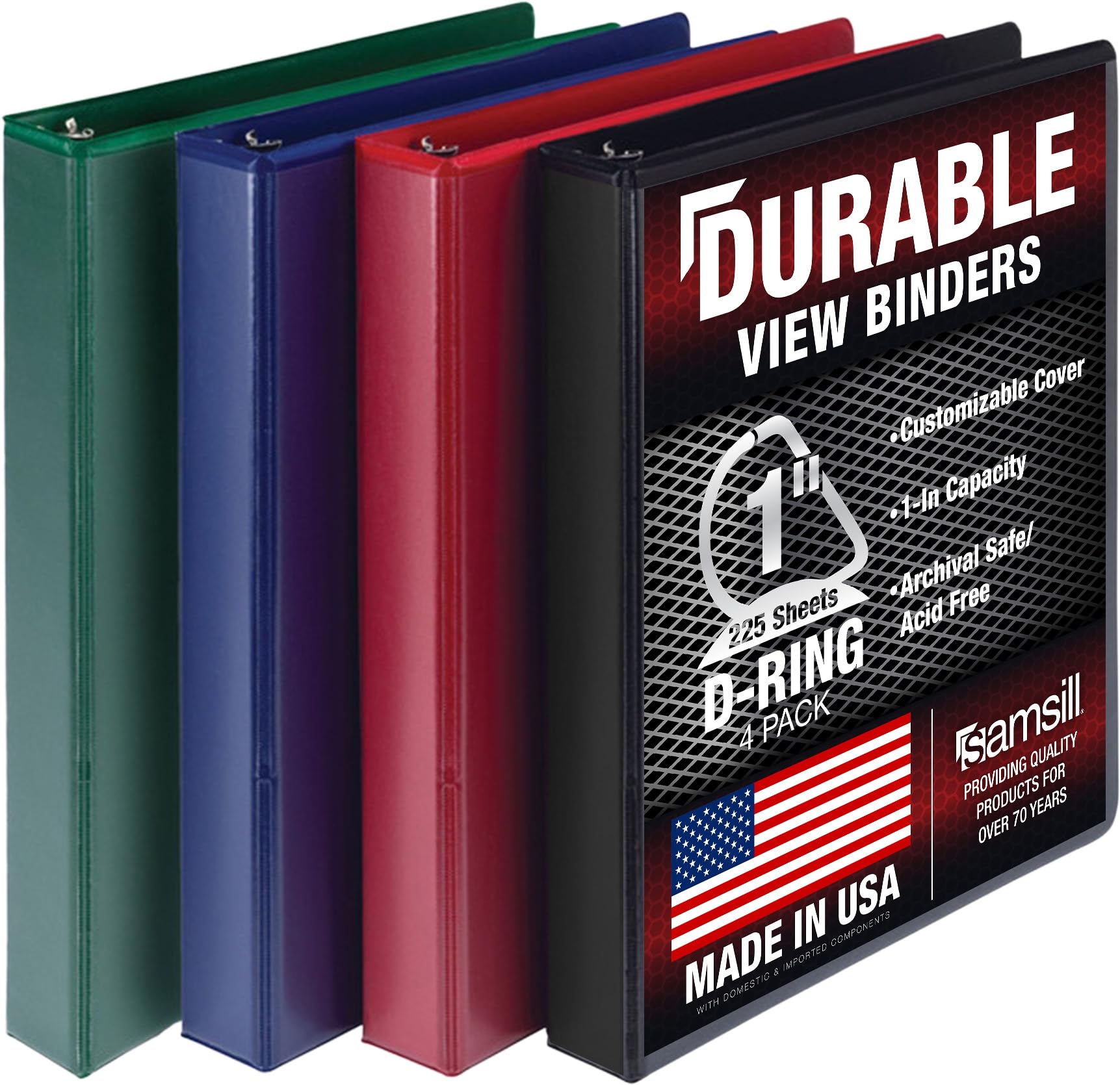 Samsill Durable 1 Inch Binder, Made in The USA, D Ring Binder, Customizable Clear View Cover, Basic Assortment, 4 Pack, Each Holds 225 Pages