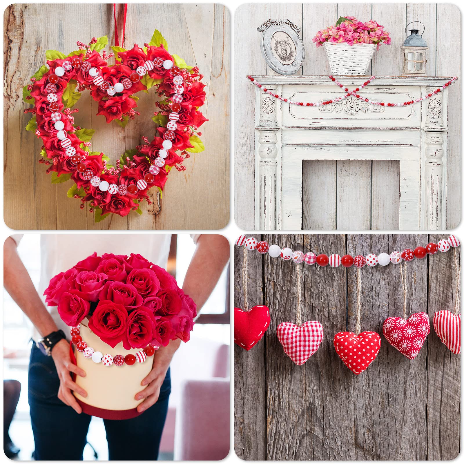 Whaline 220 Stück Valentinstag Holzperlen Set - Herz Perlen Rosa Rot, Mit Hanfseil, 16 Designs