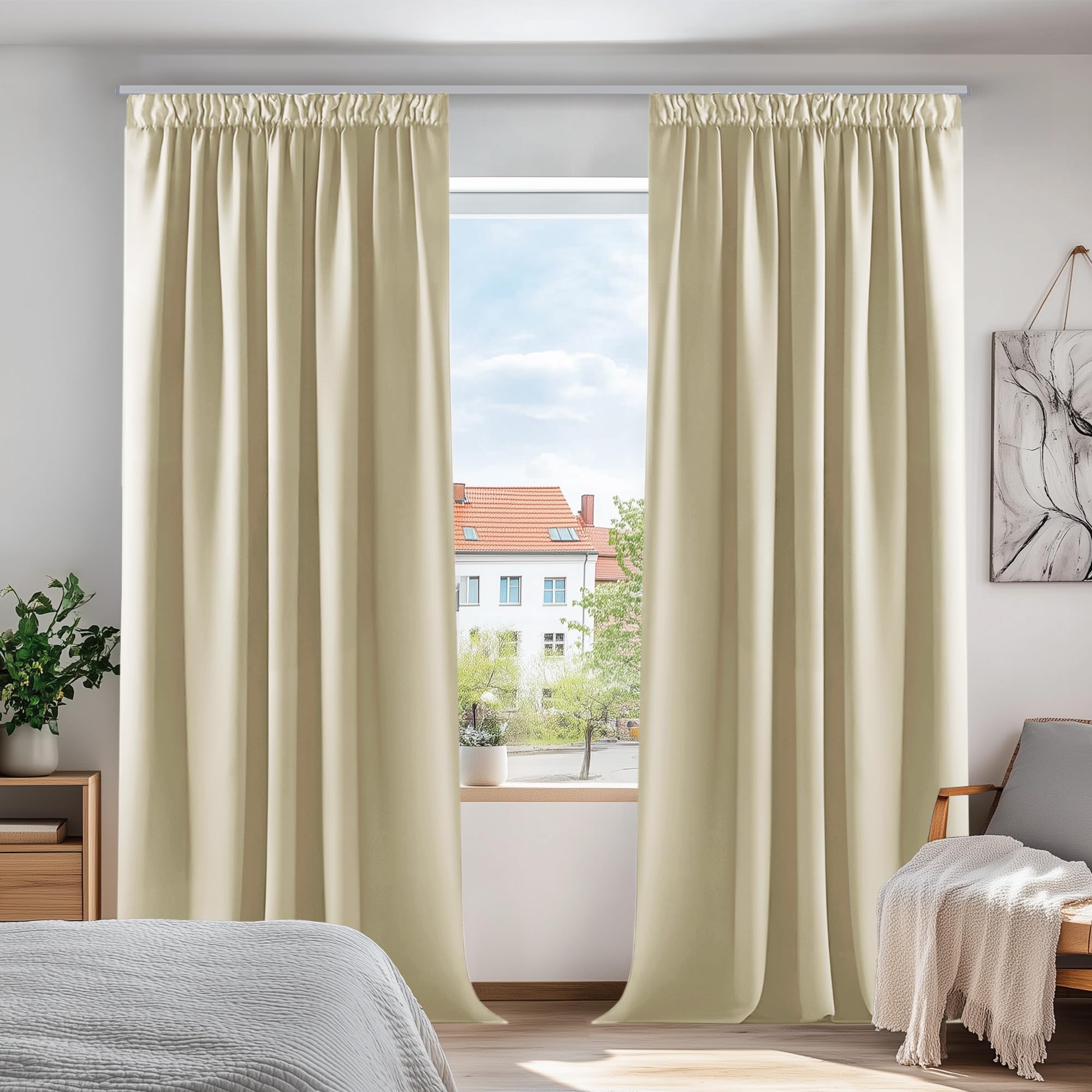 Deconovo Thermogardine Verdunkelungsvorhang mit Kräuselband Schlafzimmer Gardinen Thermovorhang Kälteschutz thermo gegen Kälte Thermogardine Hitzeschutz, 290x140cm(HöhexBreite), Beige, 2er Set