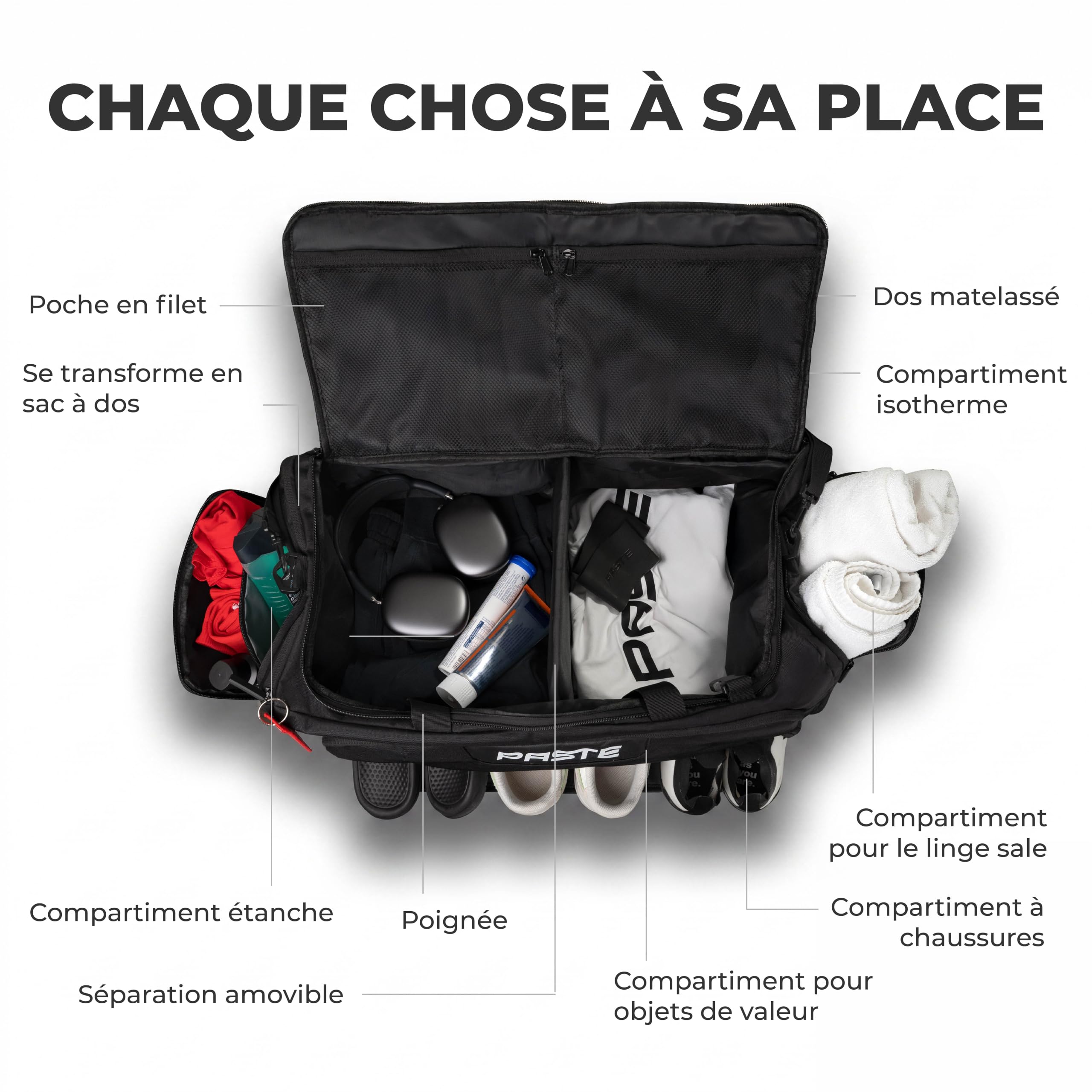 PASTE® - Sac de Sport 68L & Sac de Voyage XL avec Fonction Sac à Dos – Compartiment Chaussures, Poche Isotherme & Compartiment Humide – Fitness, Musculation, Football, Natation – Gym Bag Homme Femme