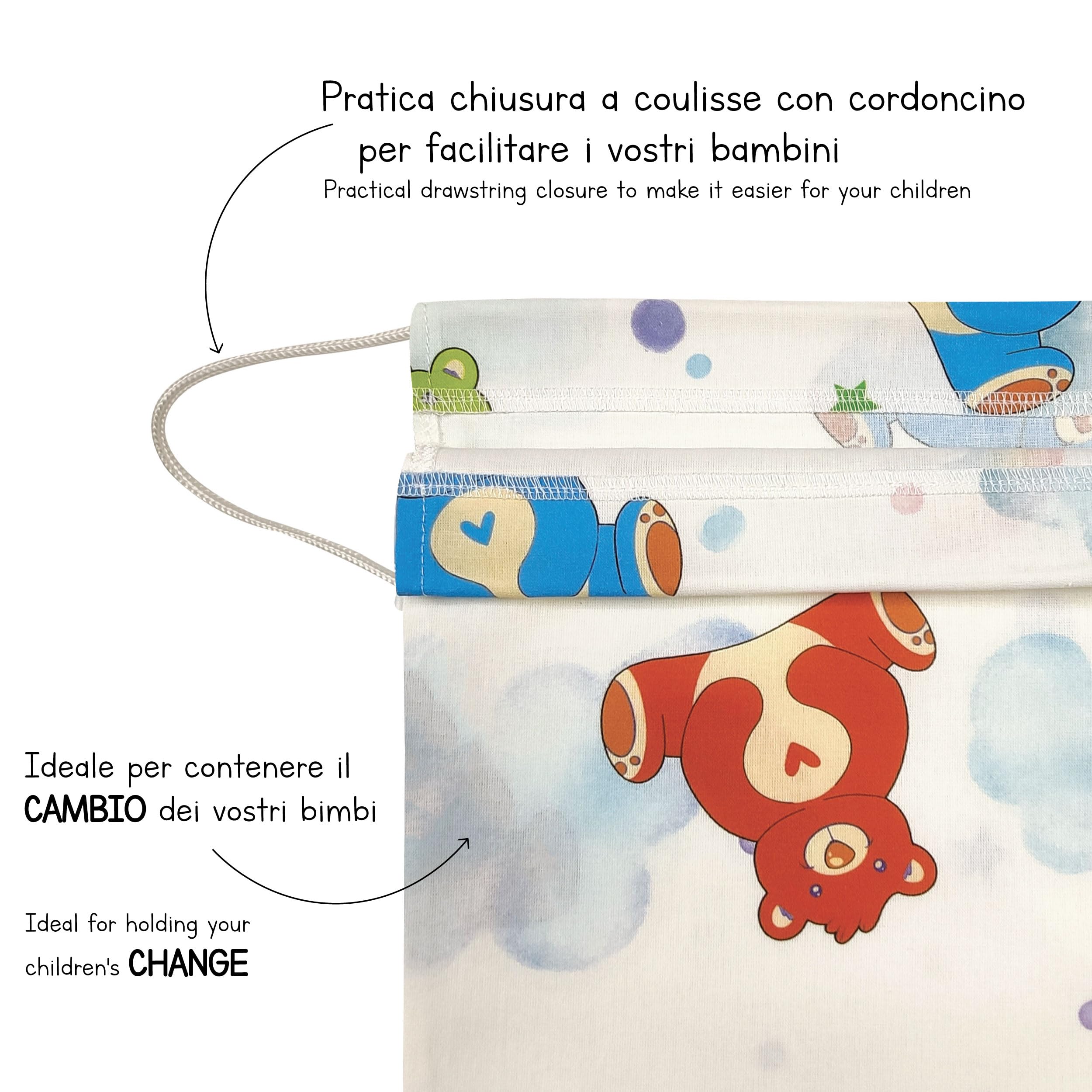 Panini Tessuti Sacchetto per cambio asilo nido 100% Cotone 34x44 cm Orsetto e Arcobaleni