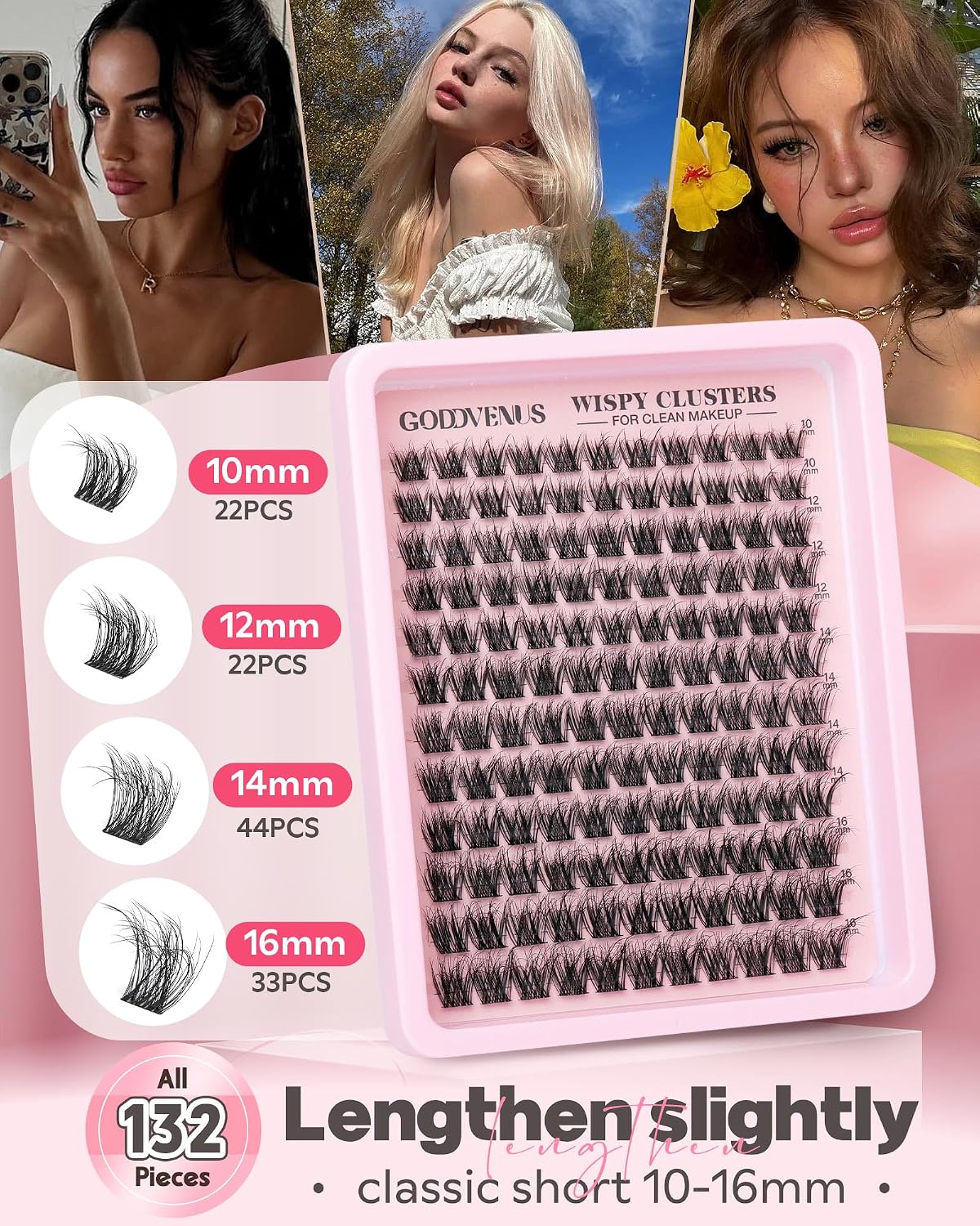 Goddvenus Wispy Lash Clusters Natural Eyelashes Cluster Fluffy Lashes Clusters CD Curl Cluster Eyelash Extensions DIY Individual Lashes Extension (10-16mm 132pcs)