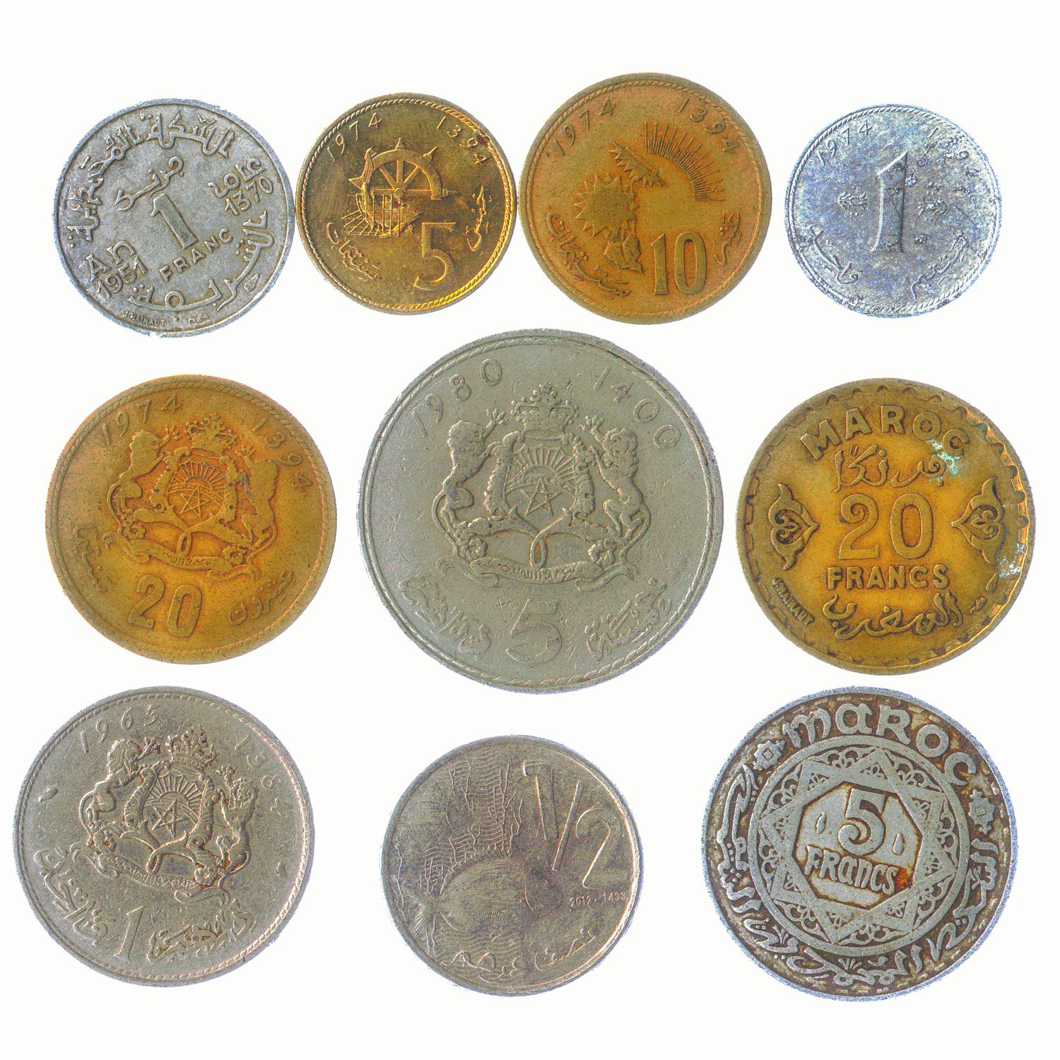 10 Different Moroccan Coins: Santimat, Francs, Dirham. Since 1957. Perfect Choice For Your Coin Bank, Coin Holders And Coin Album — image 1