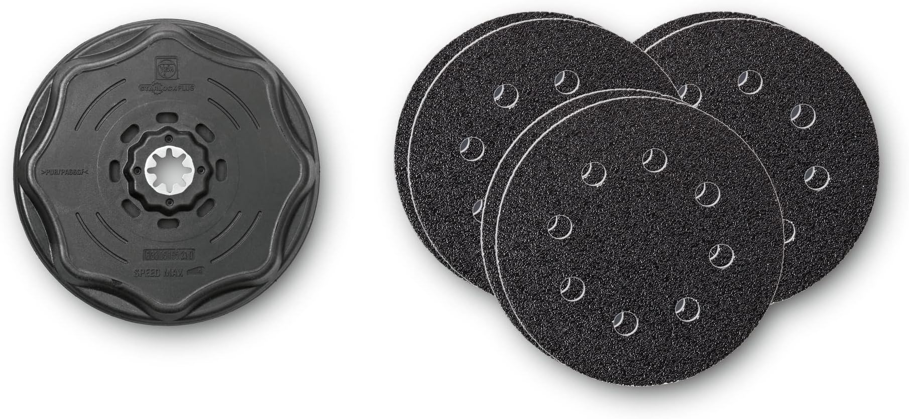 Fein StarLock Oscillating Sanding Pad Set with Hook and Loop Attachment - Includes 6 Perforated Sanding Sheets (2 of each grits 60, 80, 180) - 4-1/2" Diameter - 63806195210