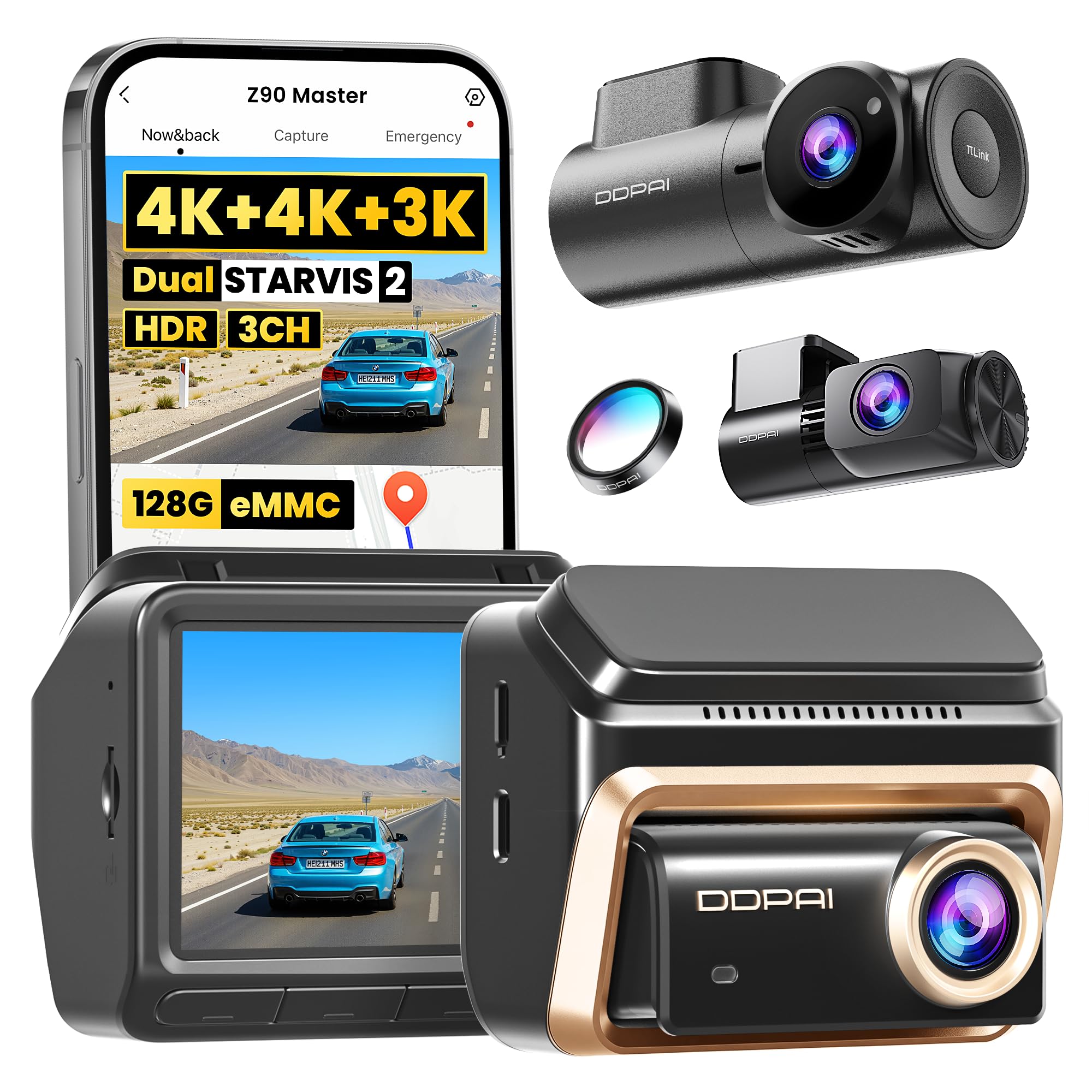 DDPAI 4K 3-Channel Dash Cam Dashcam for Cars with 128G eMMC CPL Front Rear Inside 2160P 2160P 1080P