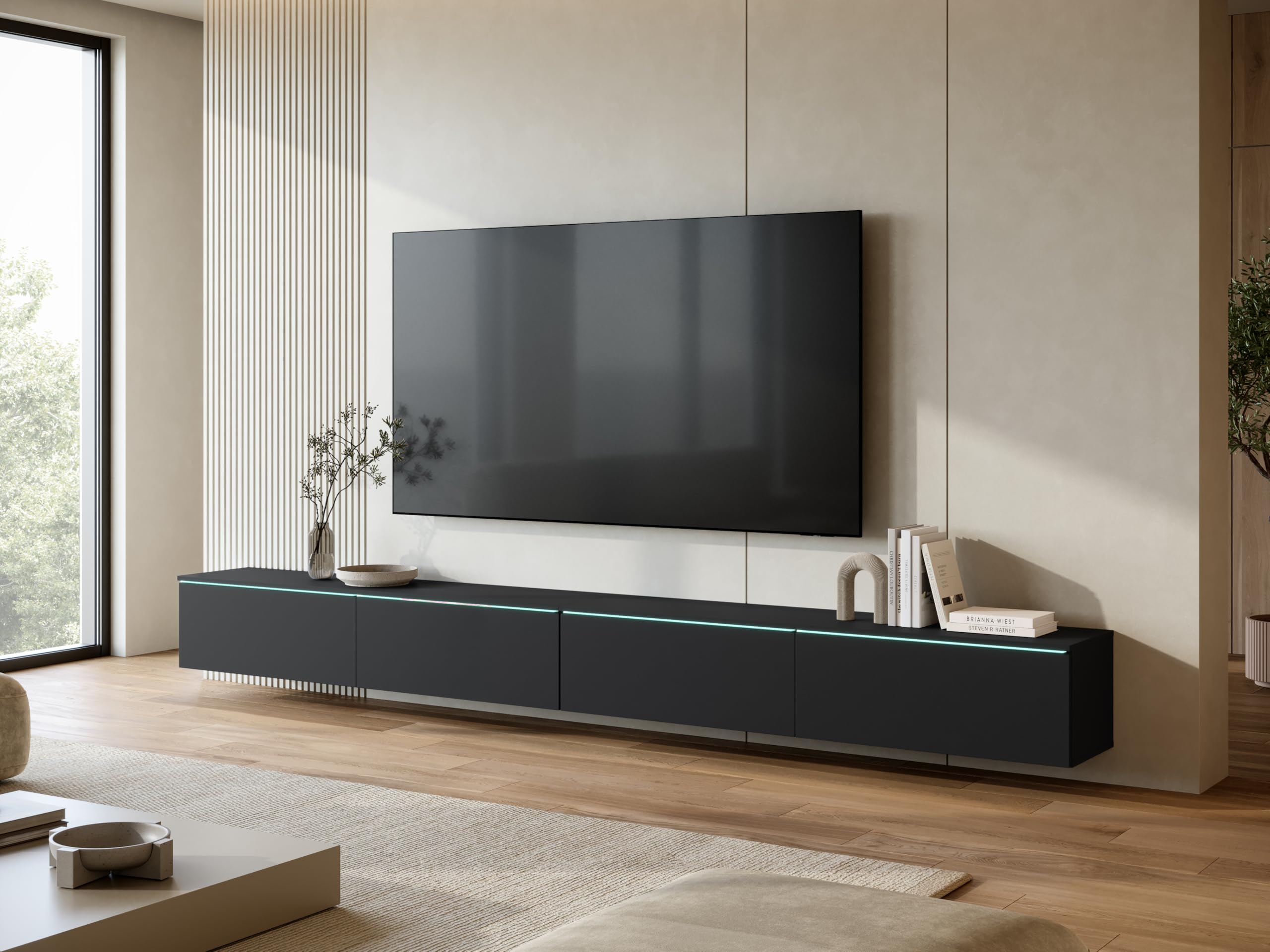 Mueble TV Salon de 4 Puertas con LED - Largo de 300 cm - Mueble Television en Estilo Moderno - Mesa TV para Salón, Comedor, Dormitorio - Mesa de Televisión Salón