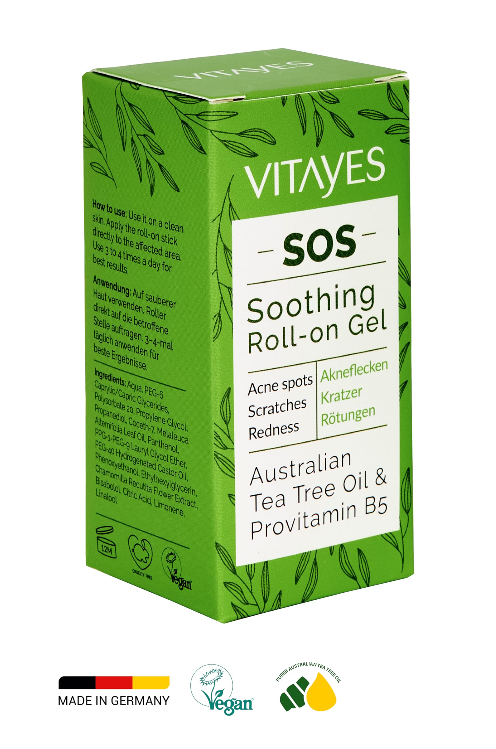 Vitayes SOS BIO Huile essentielle d'arbre à thé 3 x 10 ml – Huile essentielle contre les boutons, l'acné et les imperfections – Stylo roll-on avec vitamine B5 – Végétalien et sans cruauté envers les