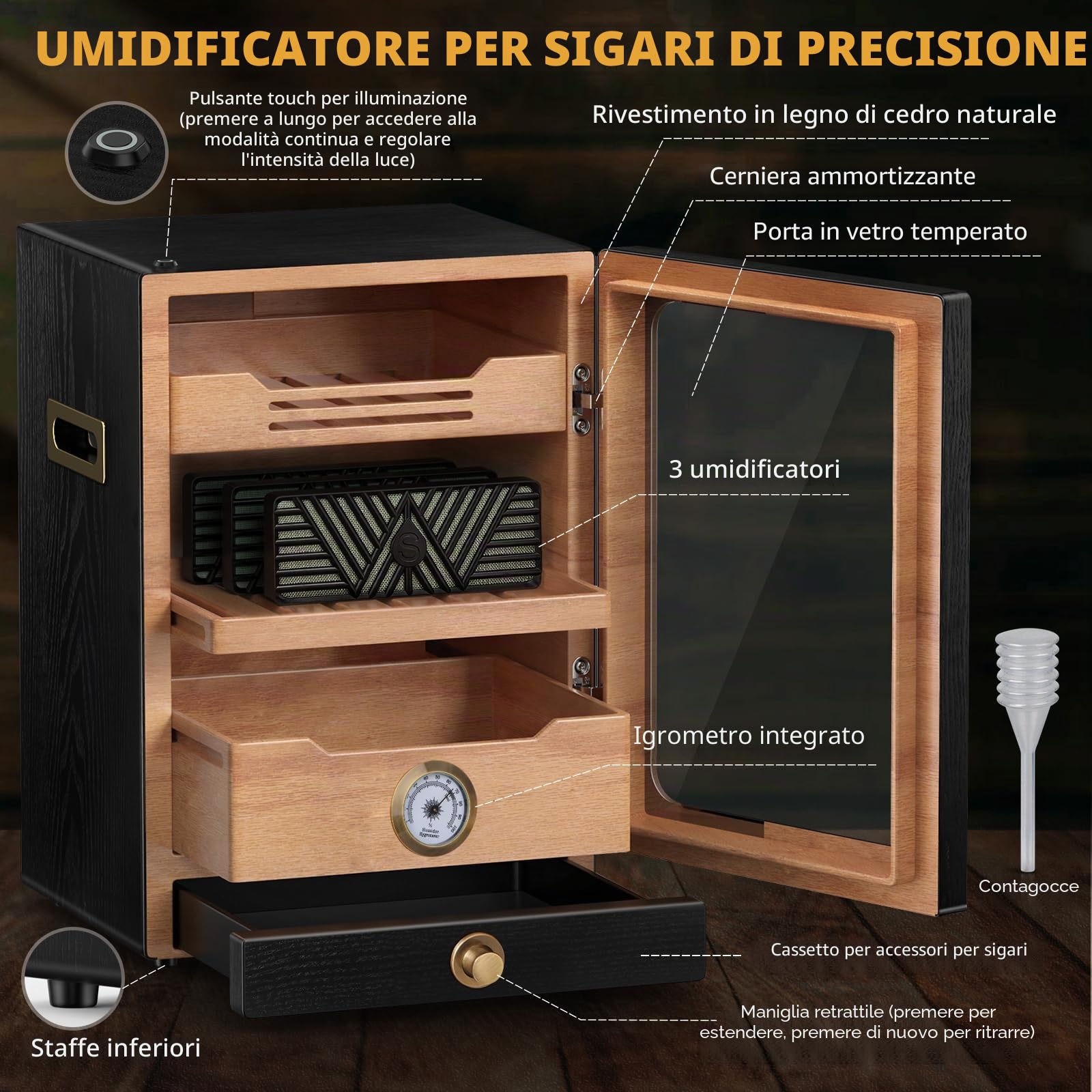 Tesonway Umidificatore per sigari, con sistema di controllo della luce, con ripiani in legno di cedro spagnolo, igrometro, 3 umidificatori e cassetto per accessori per sigari, regalo per la festa del