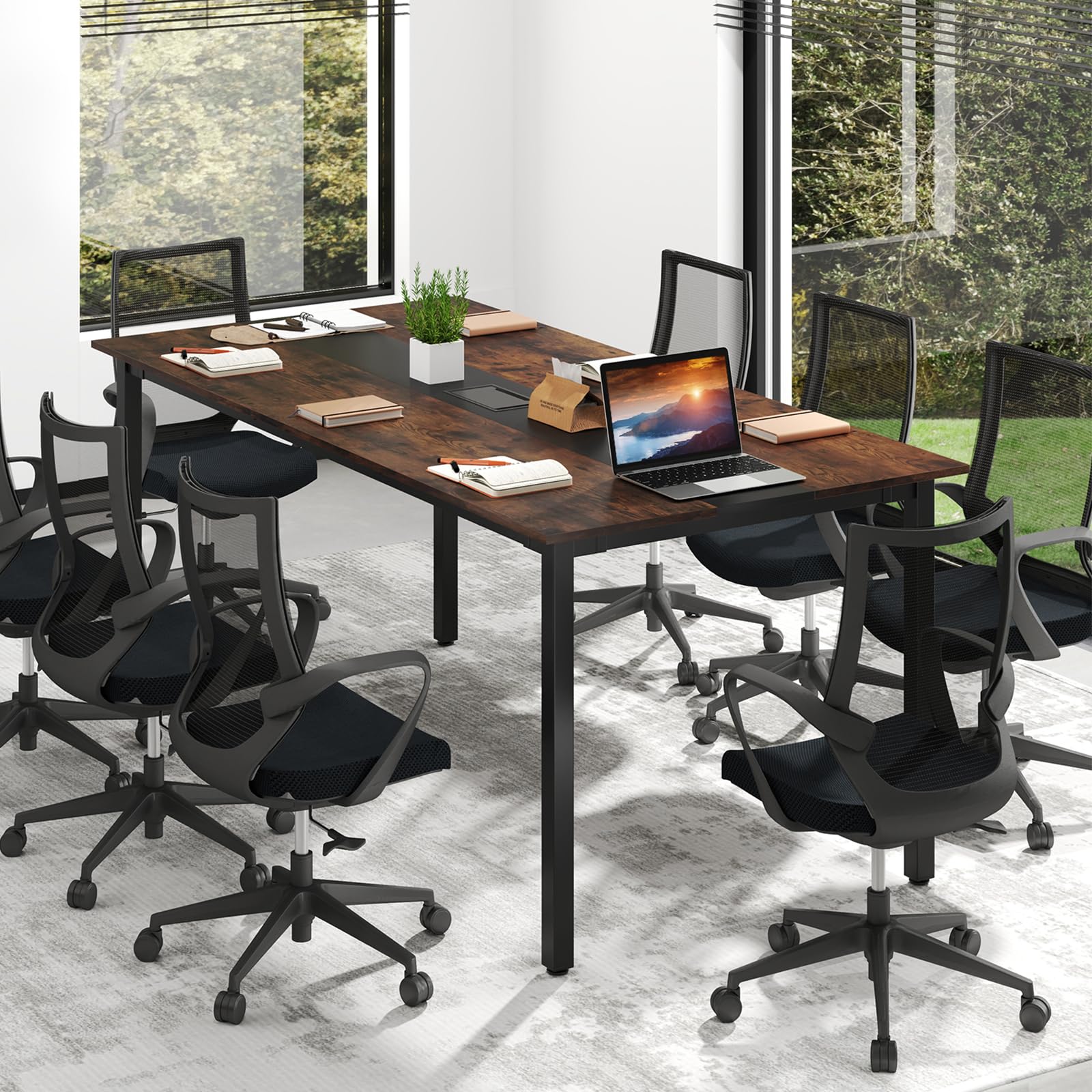GIANTEX Konferenztisch, 180 x 90 cm Bürotisch mit Kabelloch, Metallbeinen, extra Langer Computertisch für Sitzungszimmer, Besprechungsraum, rustikales Braun, für 8-10 Personen