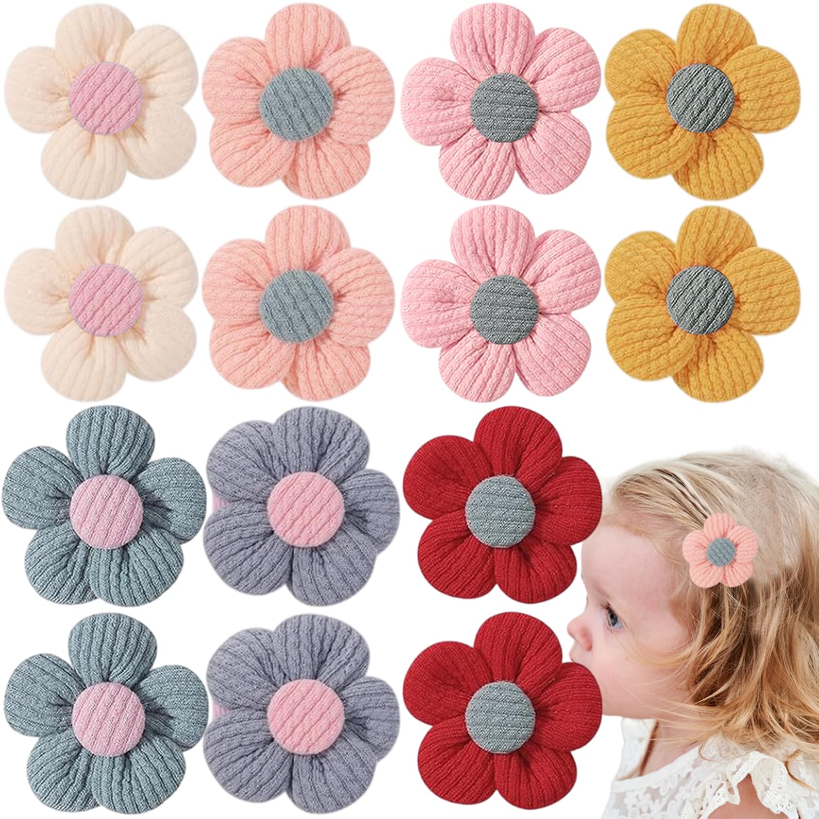 AddLotLot 14 PCS Flower Girl Hair ClipsToddler Hair Accessories Flowers Cute Hair Clips Fabric Covered Hairclips Soft Knit Flowers Hairpins Floral Hair Accessories for Little Girls Kids Toddlers