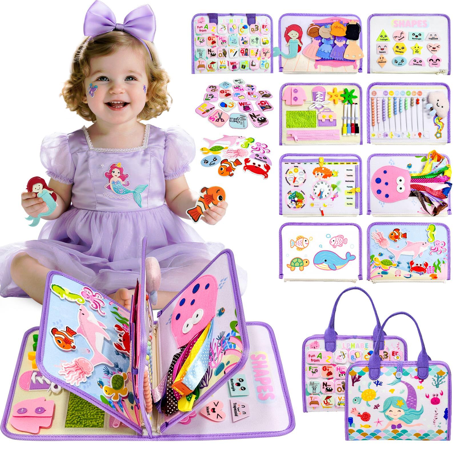 Sumtoco Busy Board, Montessori 2 Anni, Giochi Bambini 2 Anni, Libro Montessori Interattivo, Pannello Sensoriale Bambina, Giochi da Viaggio, Libri Sensoriali, Regalo Bambina 3 Anni, Libri per Bambini