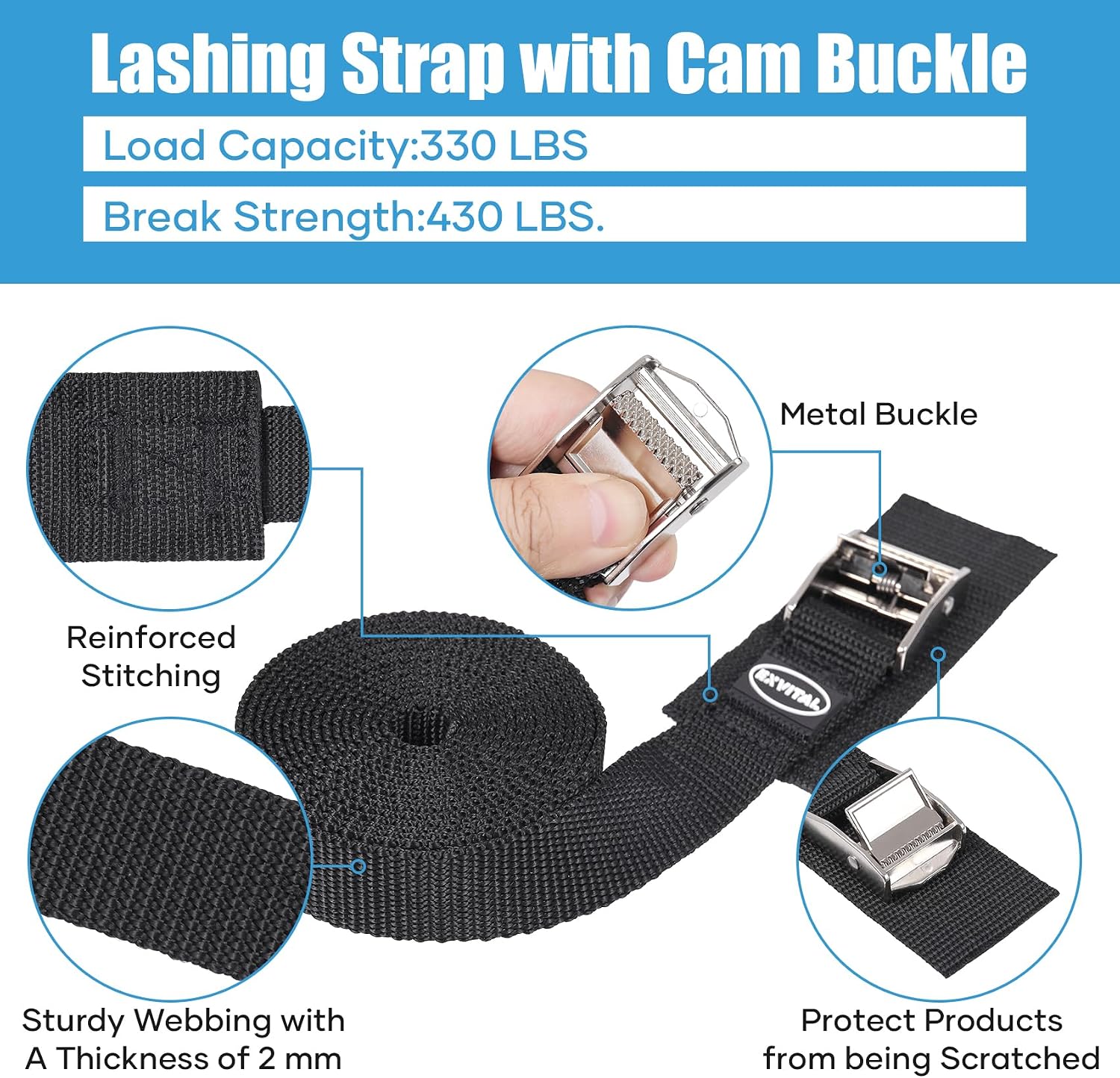 EXVITAL Lashing Straps with Cam Buckles Tie Down 8'x 1" Adjustable Cinch Straps for Motorcycle Cargo Kayak Luggage Black 4 Pack
