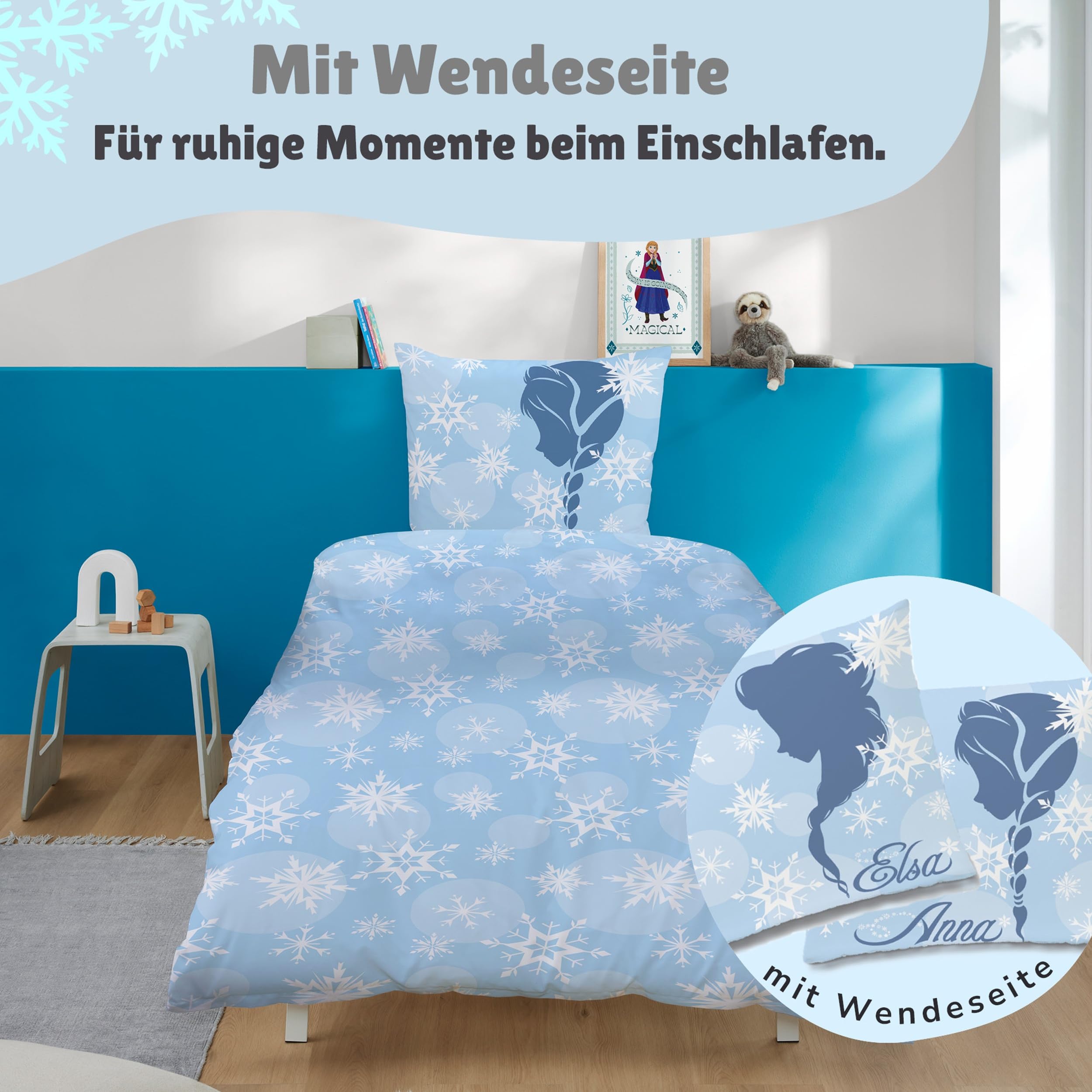 Familando – Frozen Anna, ELSA, Sven & Olaf Bettwäsche-Set (2-teilig) – Decken- & Kissenbezug 135x200 cm & 80x80 cm mit Reißverschluss – Renforcé – Atmungsaktiv & hautfreundlich – Öko-TEX Zertifiziert