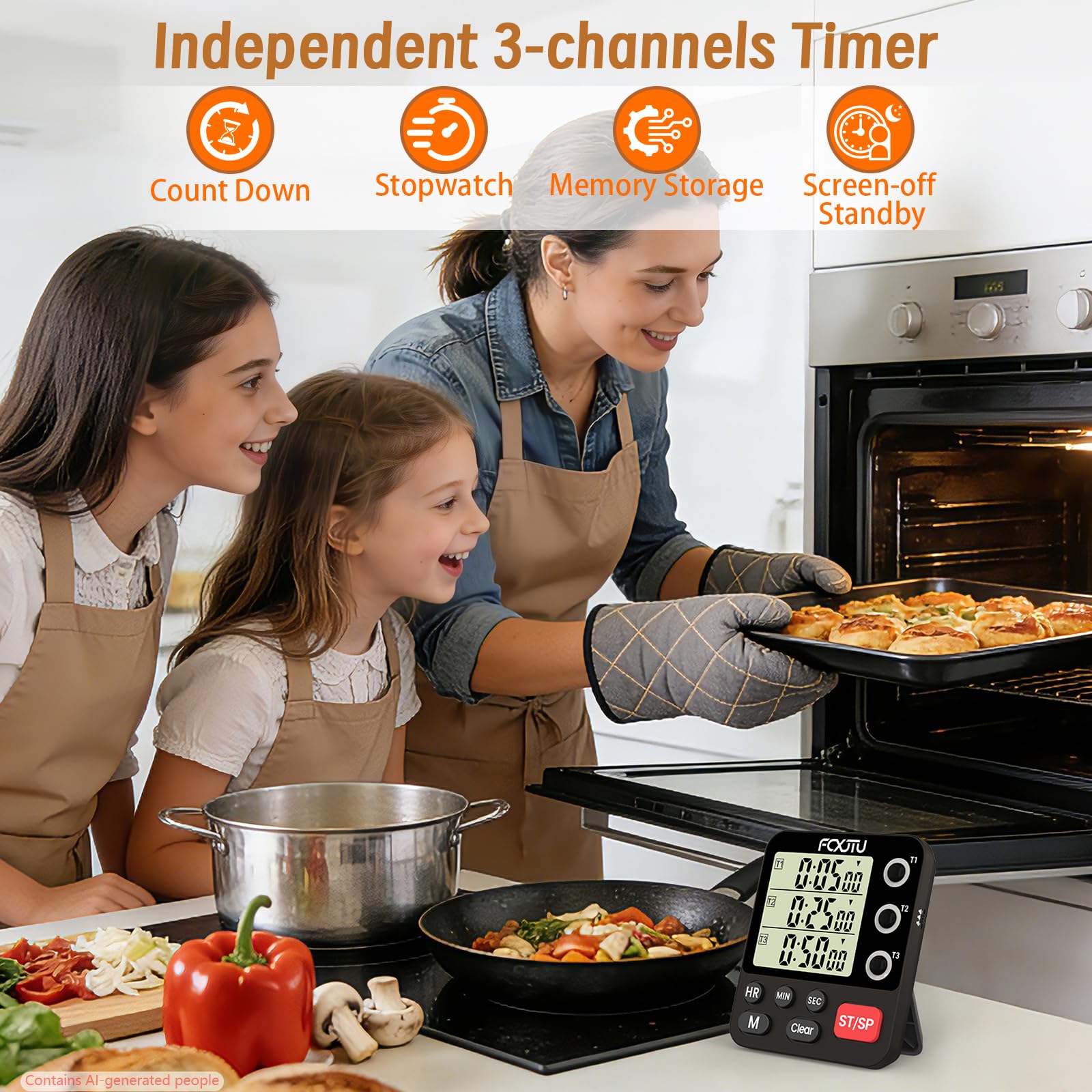 Temporizador digital dual triple de cocina, temporizador magnético de cuenta regresiva de 3 canales para cocinar, cronómetro de pantalla grande, temporizador de aula, alarma fuerte para