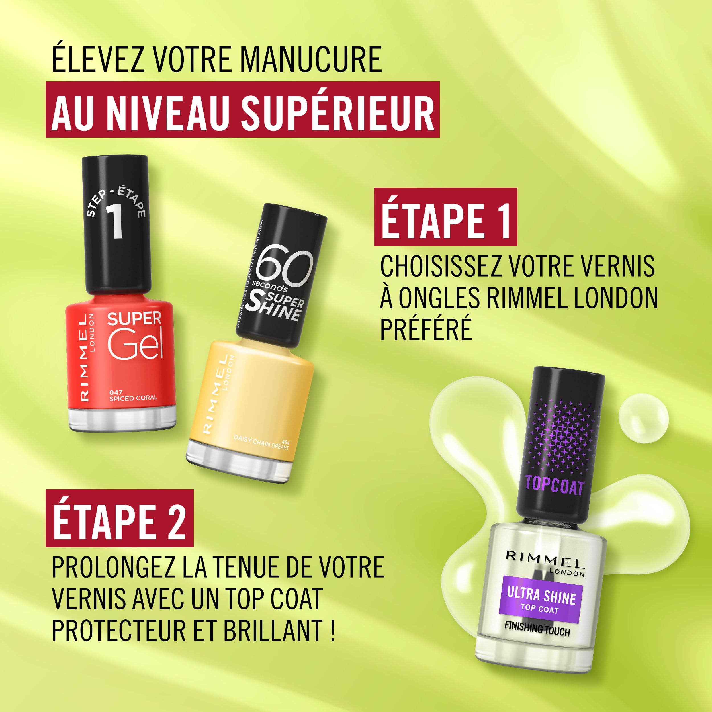 Rimmel London Ultra Shine Vernis top coat, effet ultra-brillant, fait durer la manucure, protège et sublime le vernis à ongles, formule vegan, 12 ml