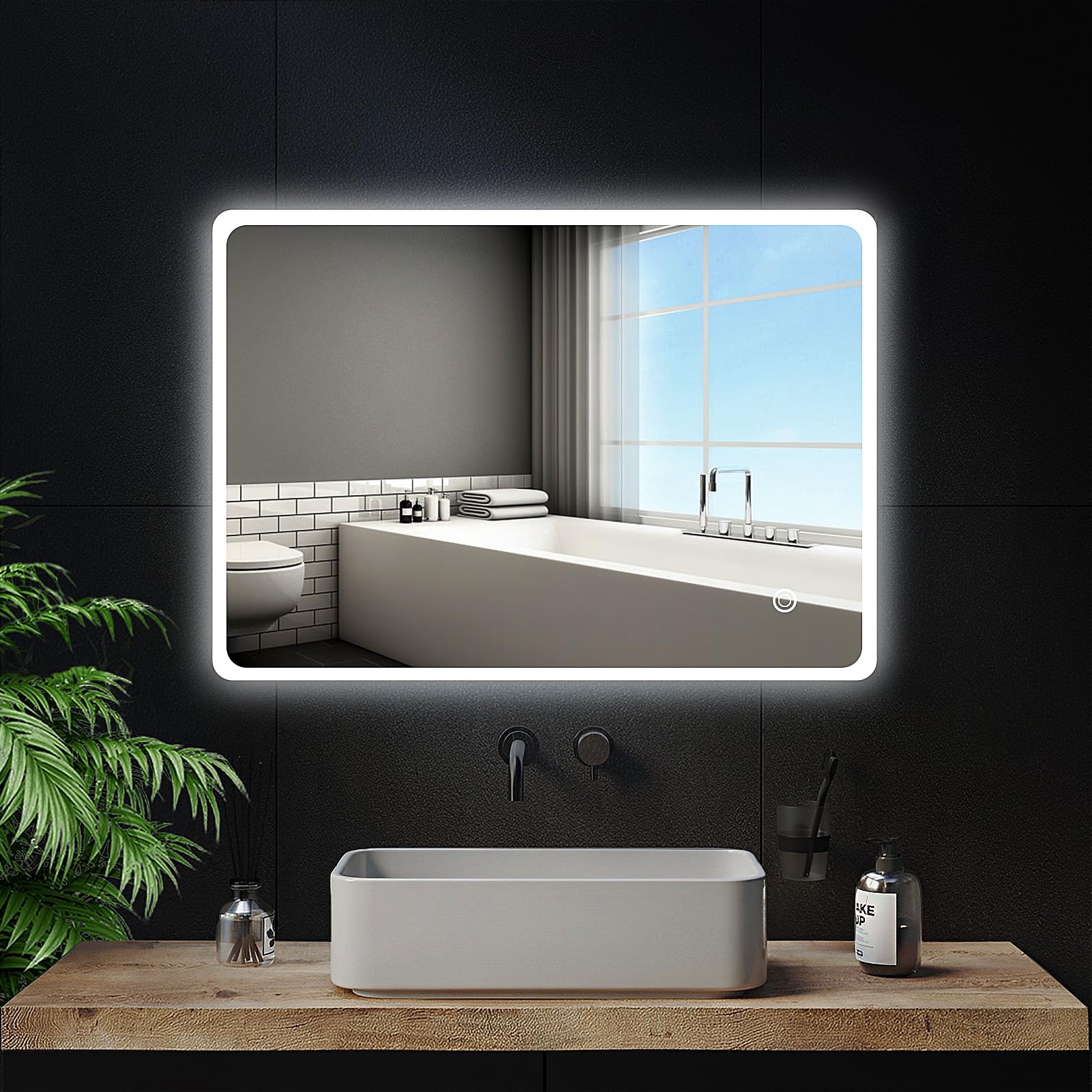 Youyijia LED Badspiegel mit Beleuchtung, 70 x 50 cm Wandspiegel Badezimmerspiegel Kaltweiß 6000K Energiesparend Lichtspiegel