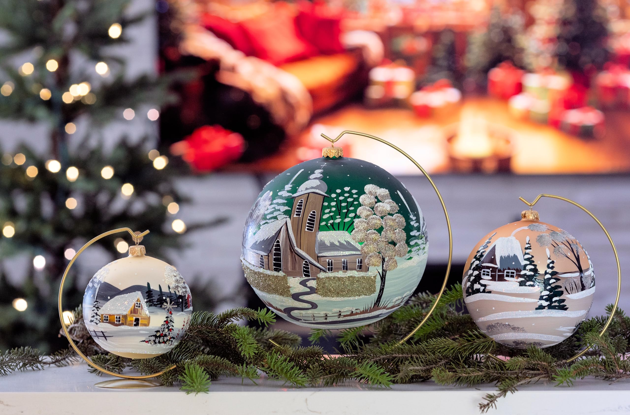 クリスマス飾り　吹きガラス オーナメントボール8個【ライトグリーン柄入り】 120085_1.jpg