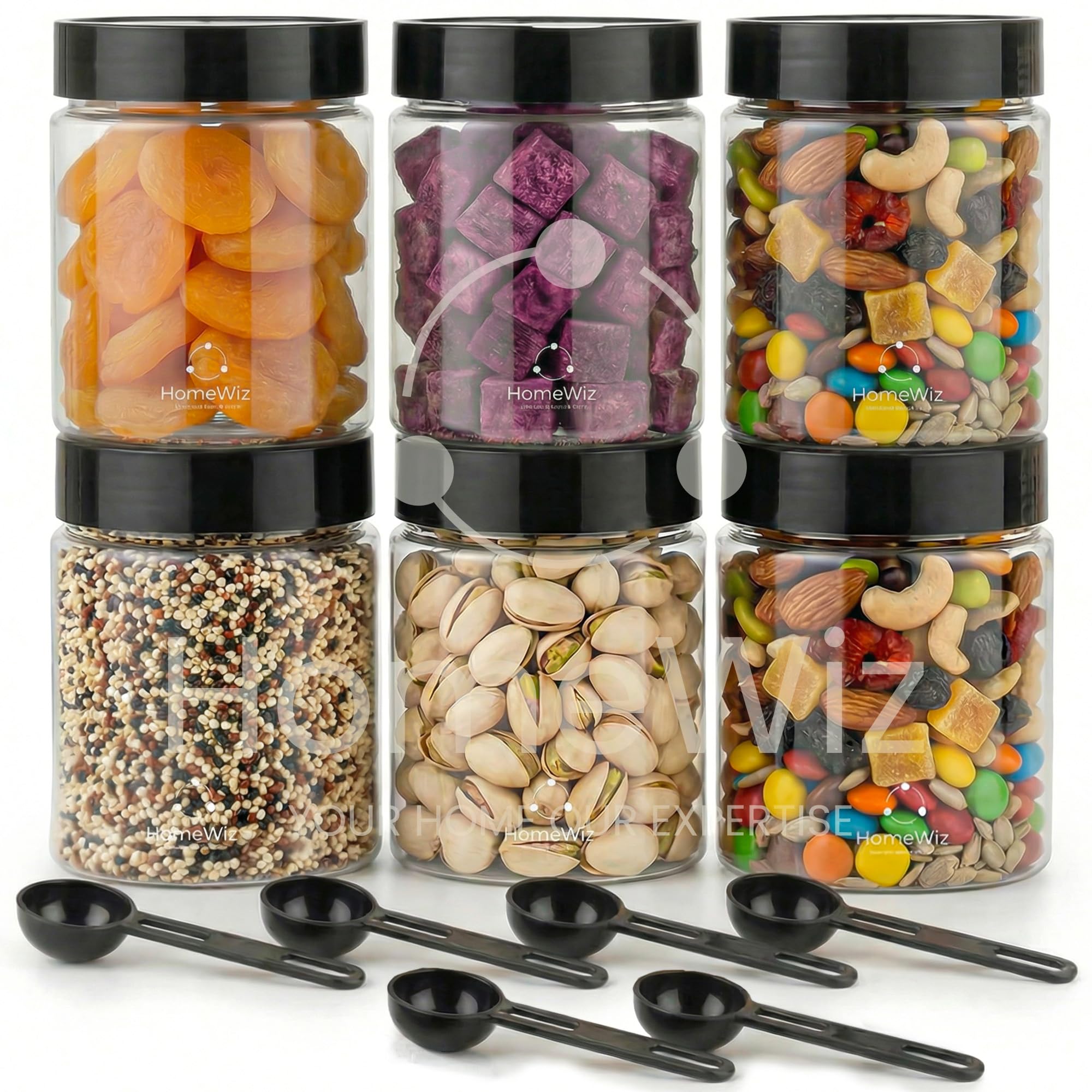 HomeWiz Airtight Kitchen Storage Containers Set of 6 (250 ML Each) | Unbreakable Transparent Plastic Masala Box Dabba for Spice, Cereal, Dry Fruits | Round Jars with Spoons-image-28
