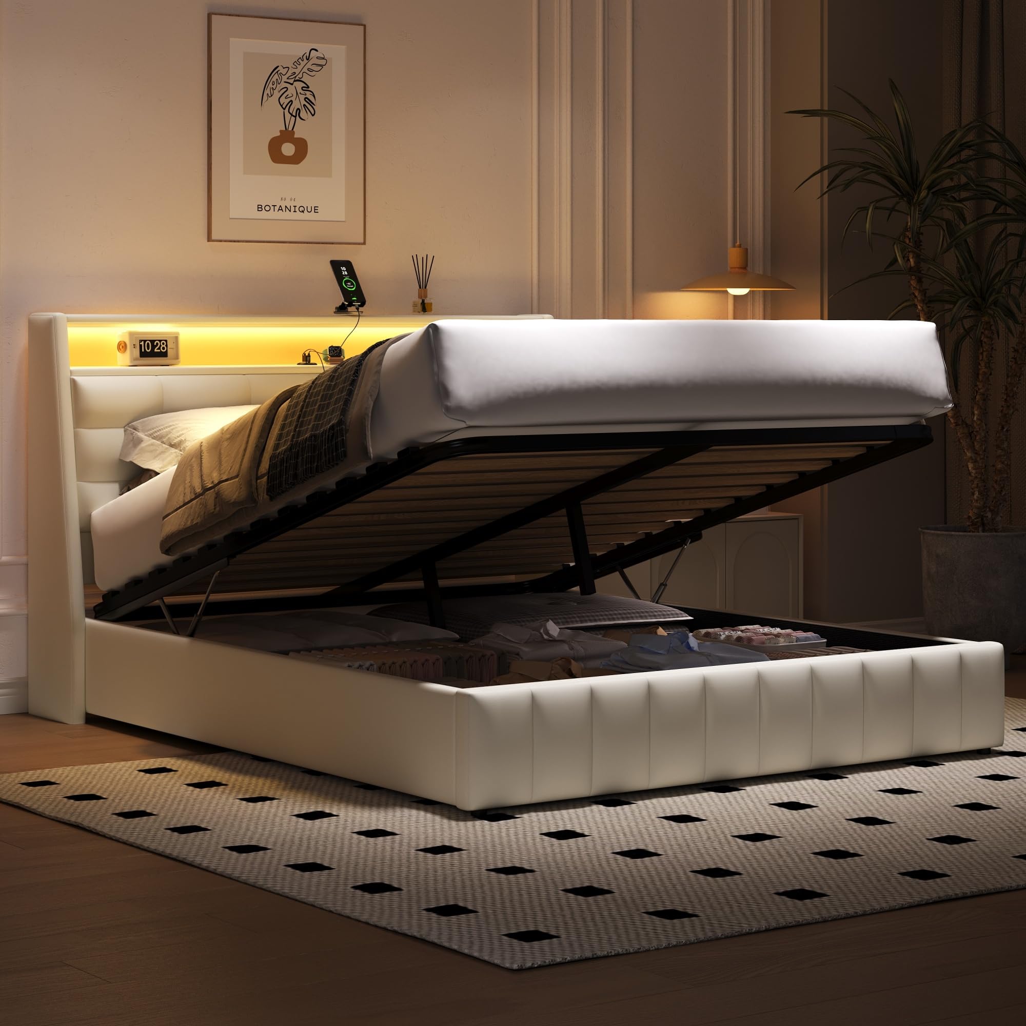 Podwójne łóżko tapicerowane 160 x 200 cm z diodami LED i USB – łóżko platformowe z miejscem do przechowywania i regulowanym zagłówkiem, białe, w zestawie stelaż łóżka – do sypialni i gości