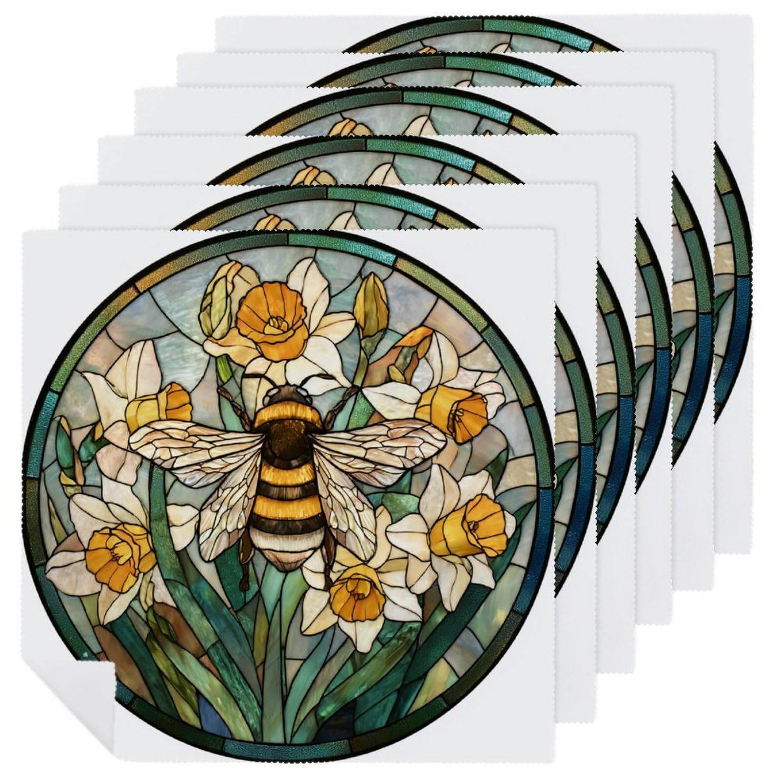Stained Glass of Bee And Daffodils Cloth Napkins Set of 6, Square Premium Reusable Washable Polyester Table Linen Napkin for Dinner Party