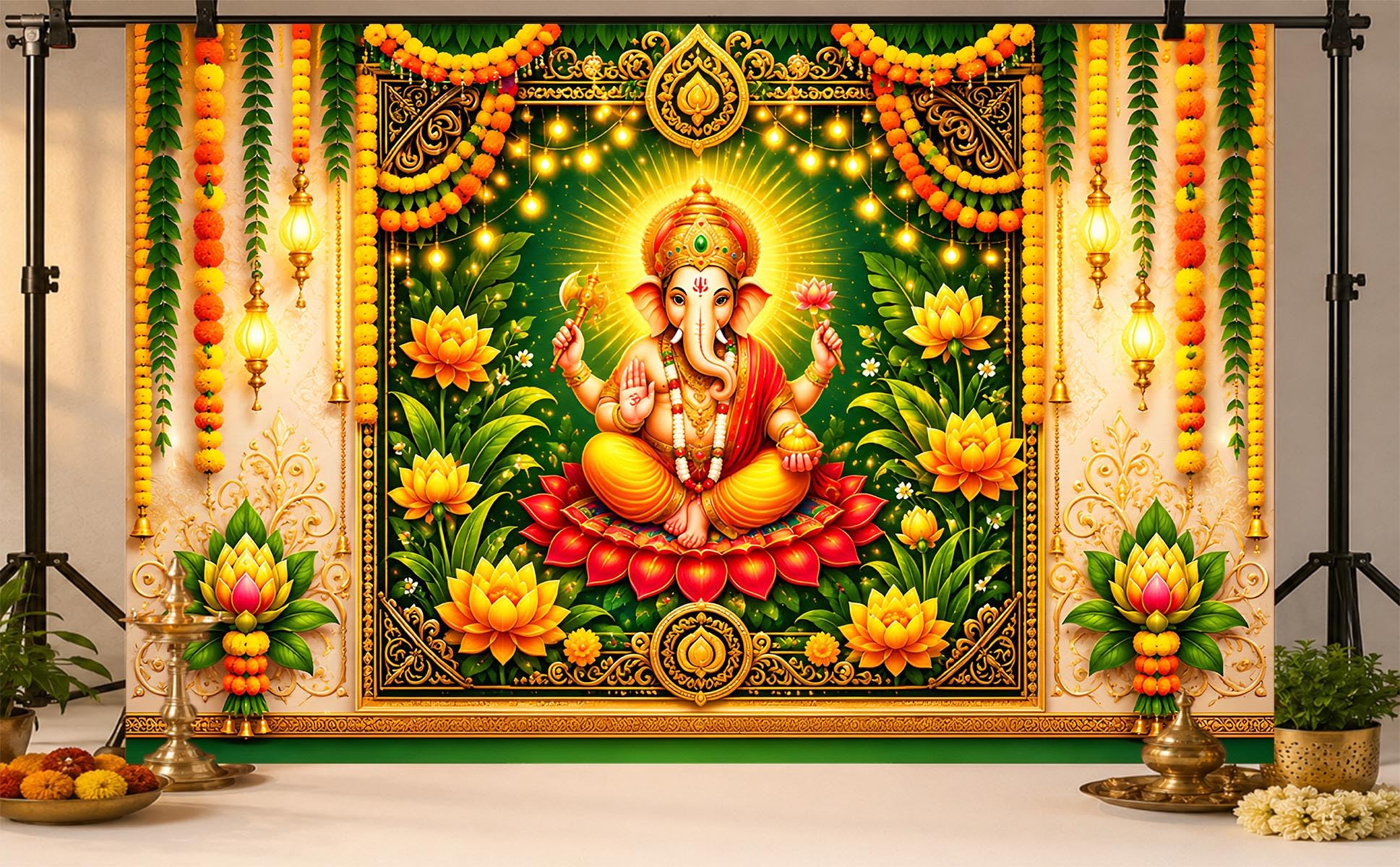 Pooja Backdrop 8x5 Ft Ganesh Ji Decoration Backdrp for Ganpati Festival, Mandir Pooja, Home Decor, Event Decoration, High Resolution Premium Fabric Backdrop-image-25