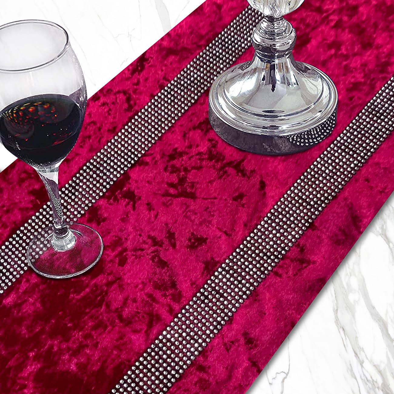 Jiino Camino de mesa de 33 x 200 cm, con lentejuelas y tiras de diamante y elegantes borlas para el hogar, cocina, fiestas, bodas, decoraciones, burdeos