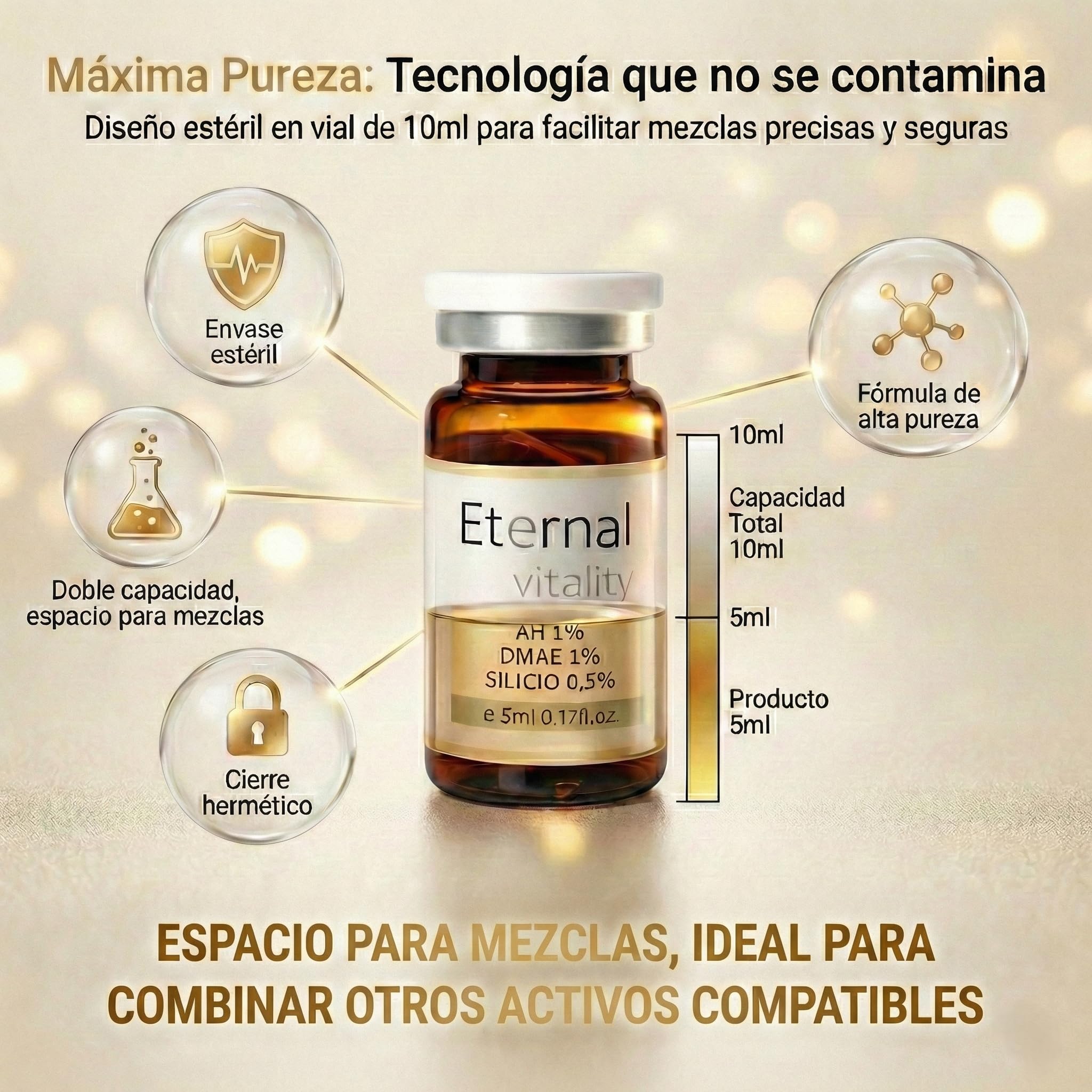 Ácido hialurónico 1% + DMAE 1% + Silicio orgánico 0.5%,viales 5ml. Suero facial reafirmante anti edad. Hidratación intensiva y efecto lifting natural. (3 Viales)