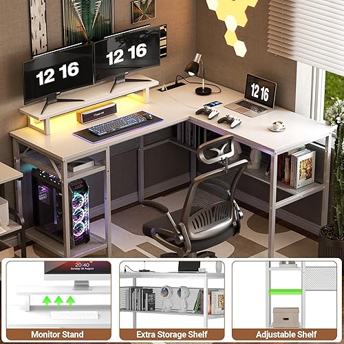 Miniatura 4 de Unikito Escritorio reversible en forma de L con tomas de corriente y luz LED inteligente, escritorio de oficina para computadora de 55 pulgadas,