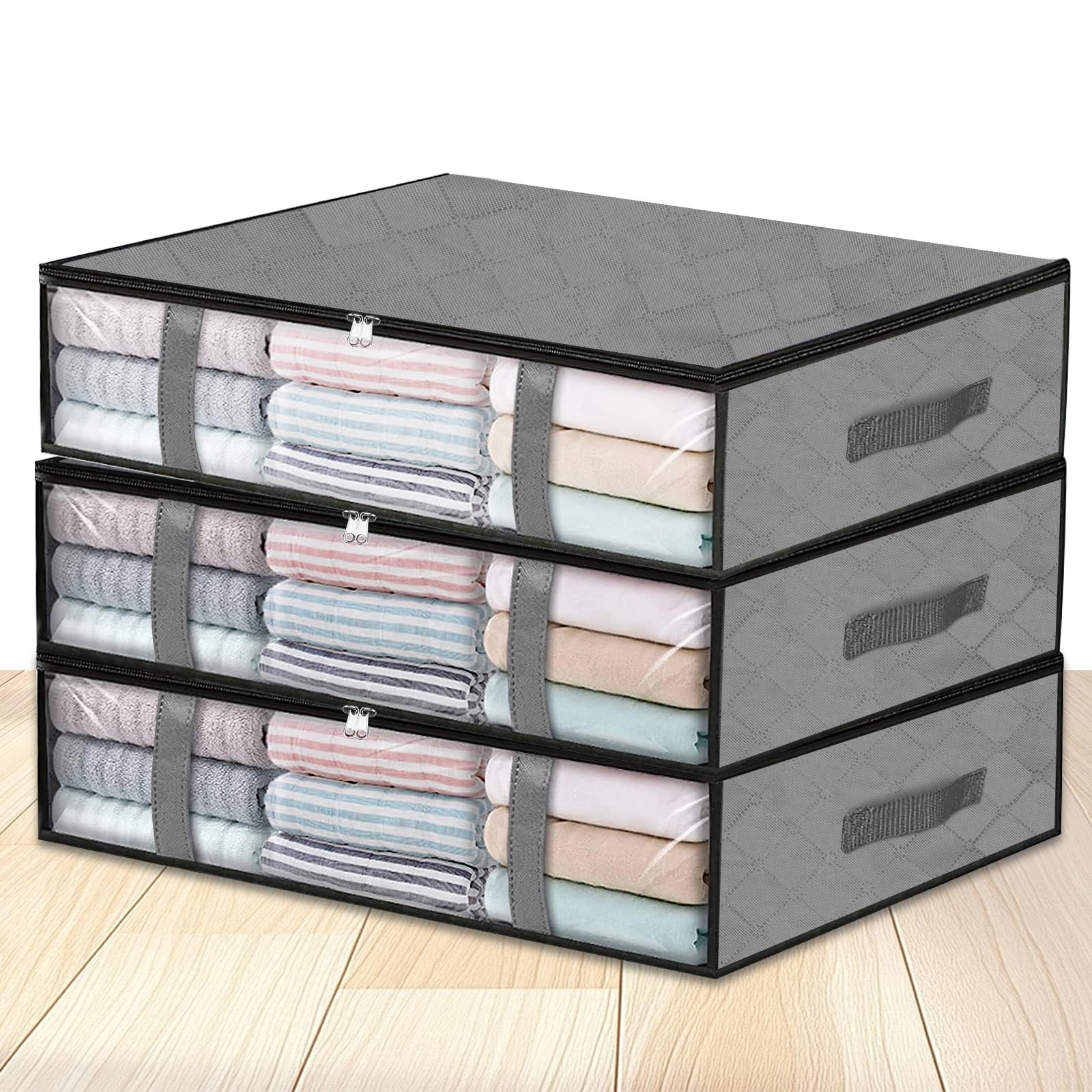 Pavlleen 3 pezzi Scatole per Armadio, 40L Contenitori Sottoletto Confezione, Scatole Pieghevoli Portavestiti con Coperchio e Maniglia, per Organizzare Camere da Letto, Armadi, Vestiti, Trapunte
